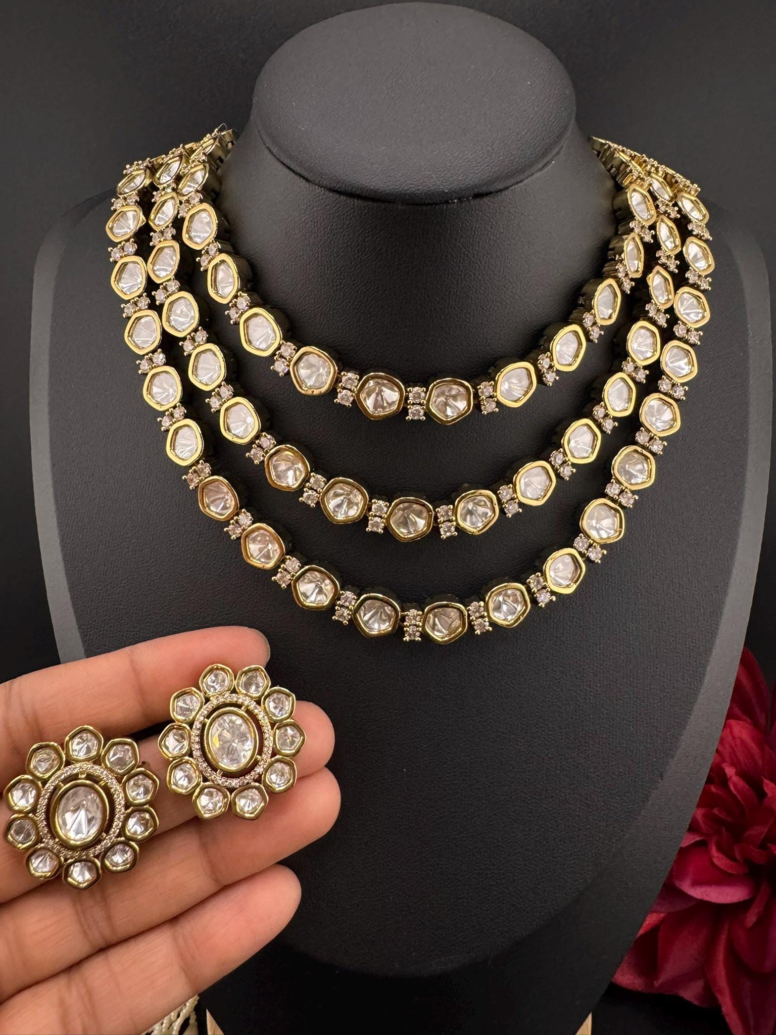 HOT SELLER!!! Premium Quality Moissanite Kundan 3Layer set is Tyaani inspired Designer Necklace set with Stud earring