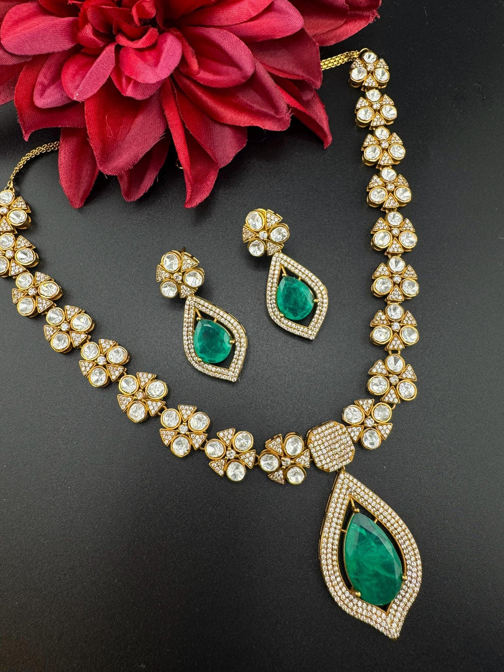 Polki Premium Moissanite Kundan, CZ, Turquoise Doublet Stone Long Necklace set with earrings