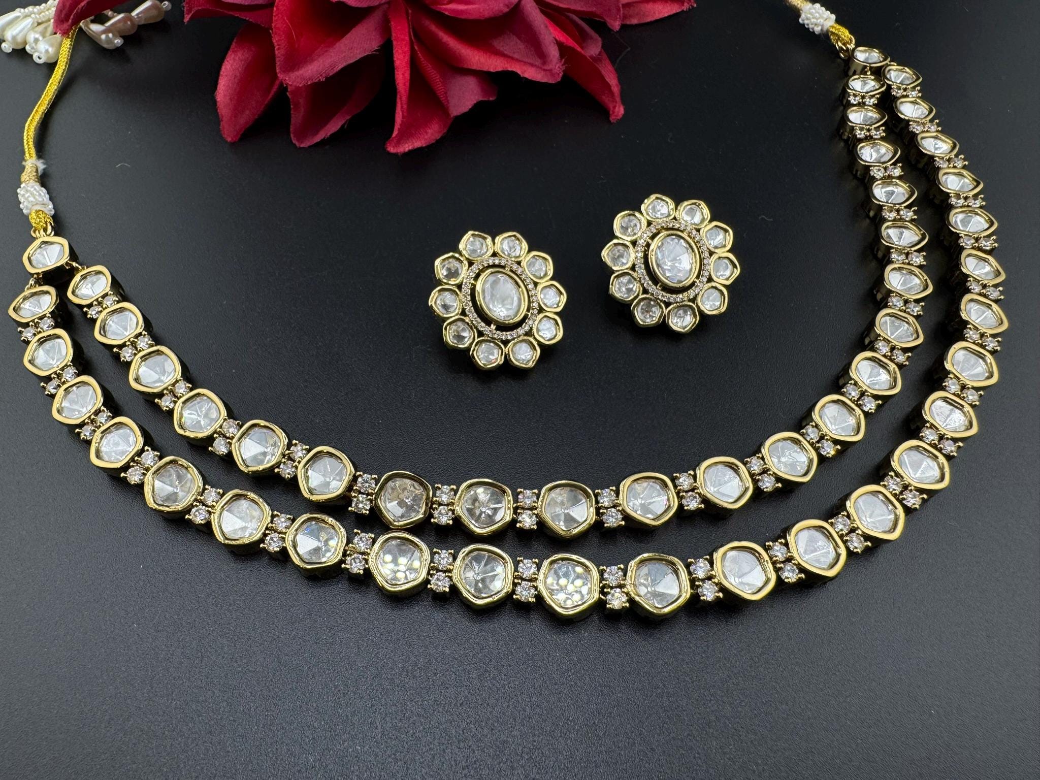 HOT SELLER!!! Premium Quality Moissanite Kundan 2 Layer set is Tyaani inspired Designer Necklace set with Stud earrings