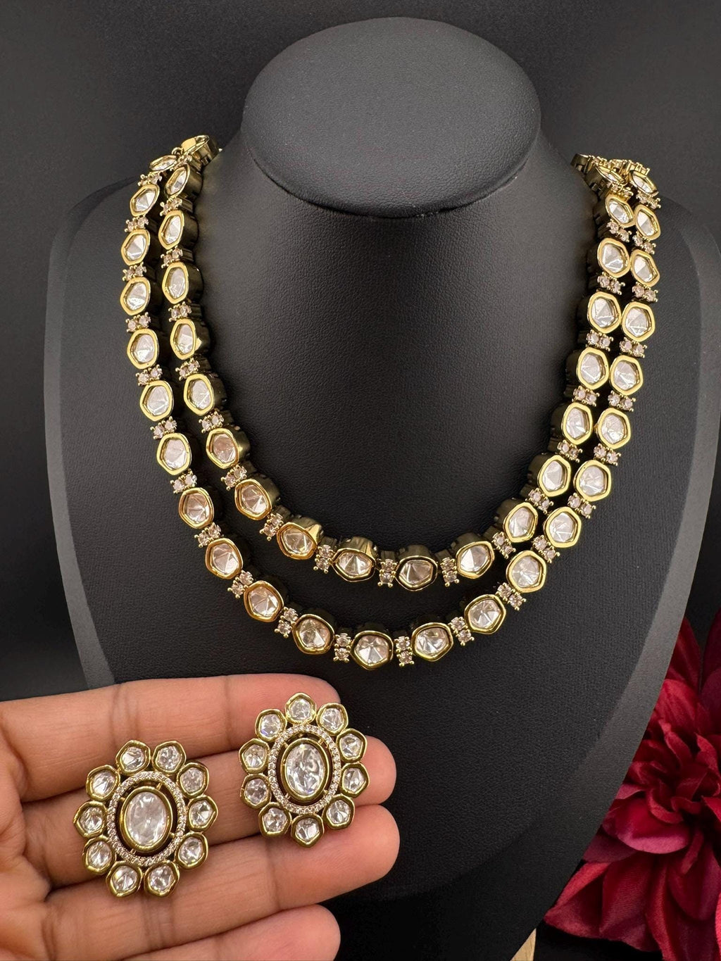 HOT SELLER!!! Premium Quality Moissanite Kundan 2 Layer set is Tyaani inspired Designer Necklace set with Stud earrings