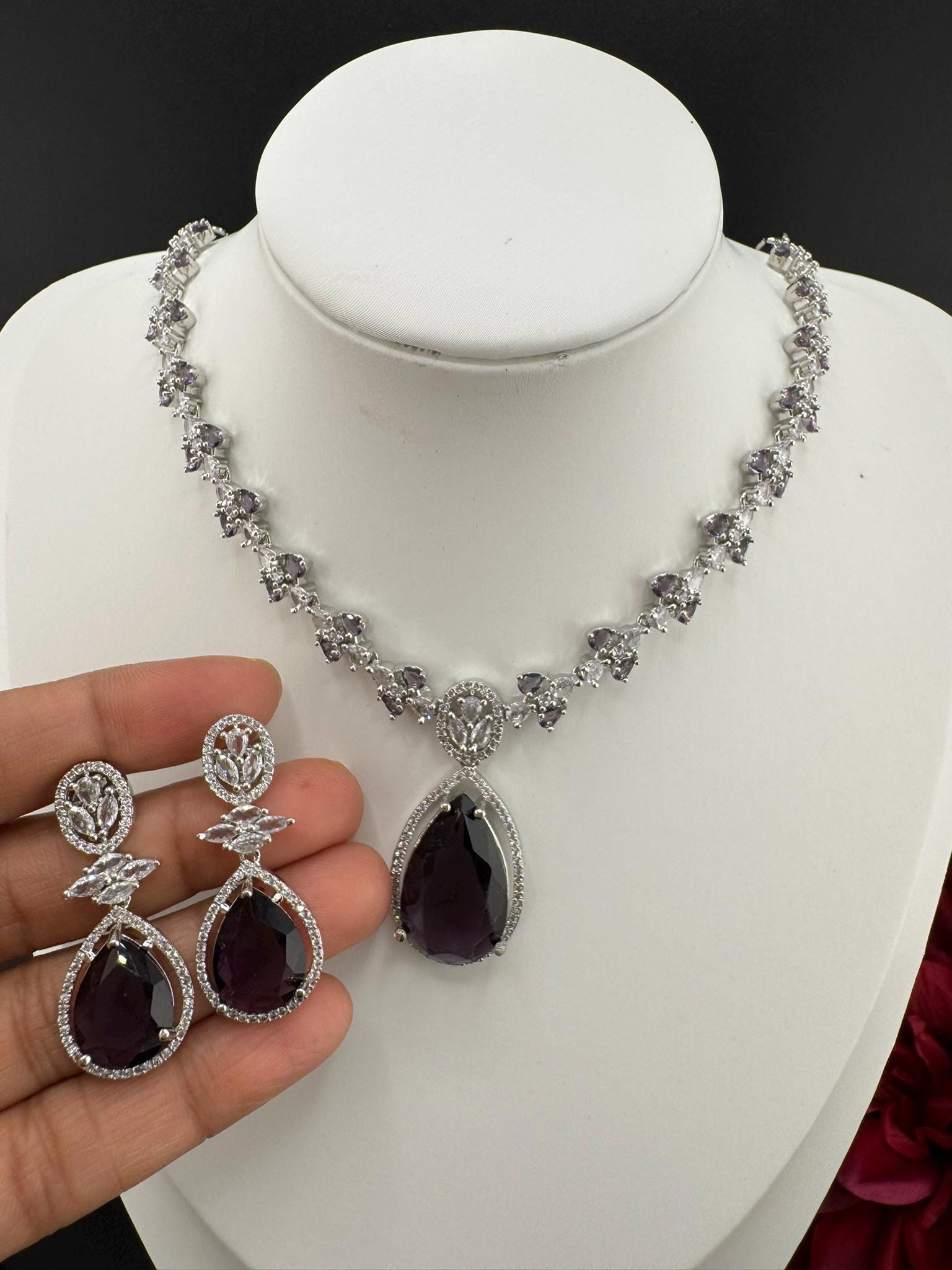 HQ Premium Silver American Diamond(Cubic Zirconia) details, glass stone Necklace set with long earring/necklace set/Bridesmaids gift/Bridal