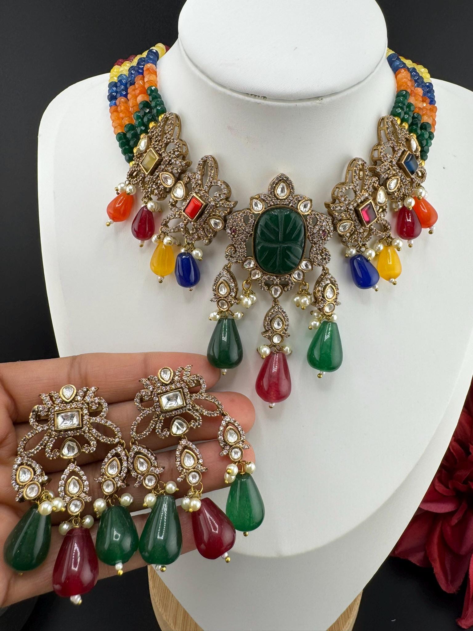 Multicolor Premium Quality Moissanite Uncut Kundan, CZ, carved stones, Onyx beads mala is Designer Choker necklace set with long earrings