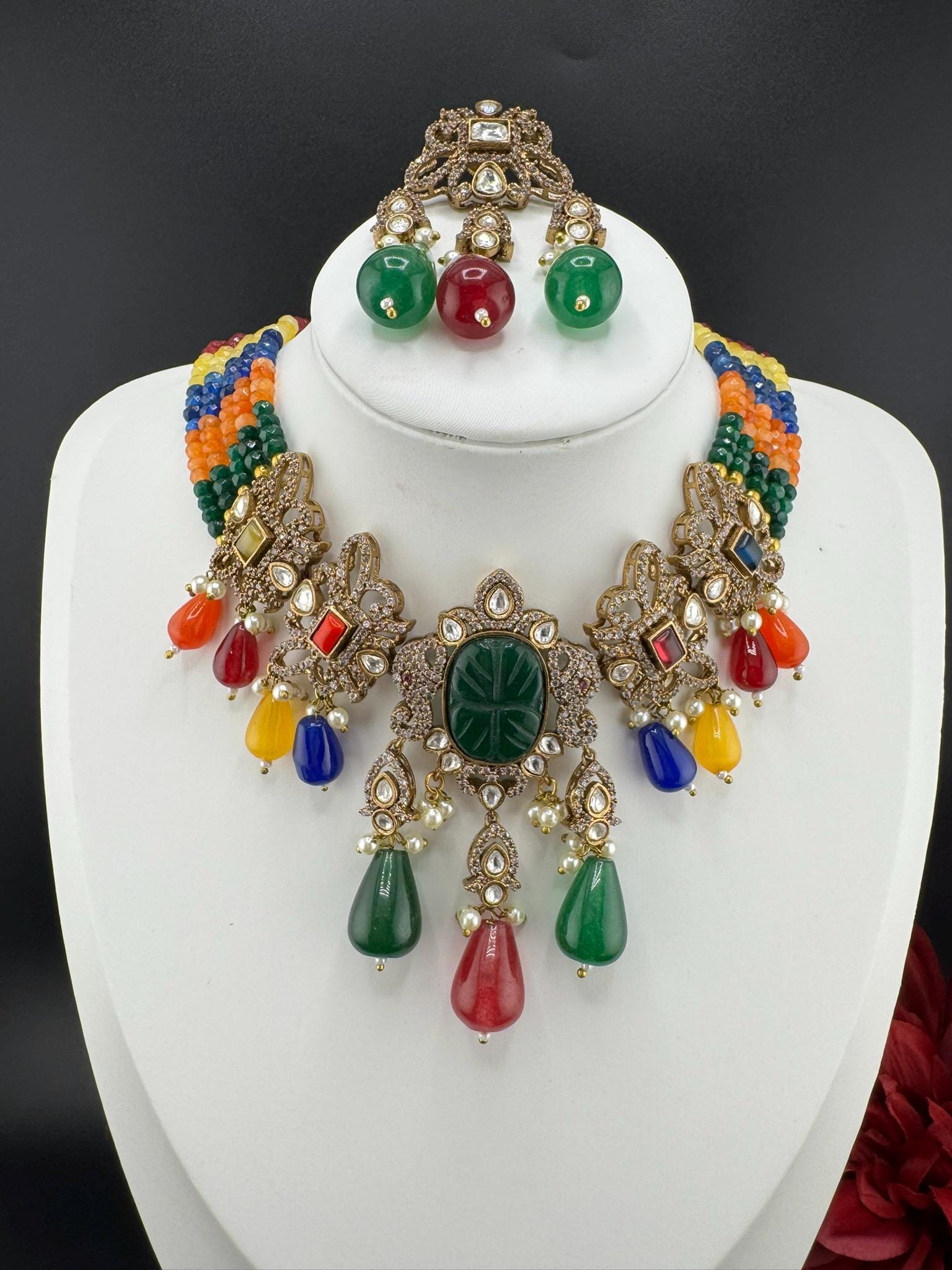 Multicolor Premium Quality Moissanite Uncut Kundan, CZ, carved stones, Onyx beads mala is Designer Choker necklace set with long earrings