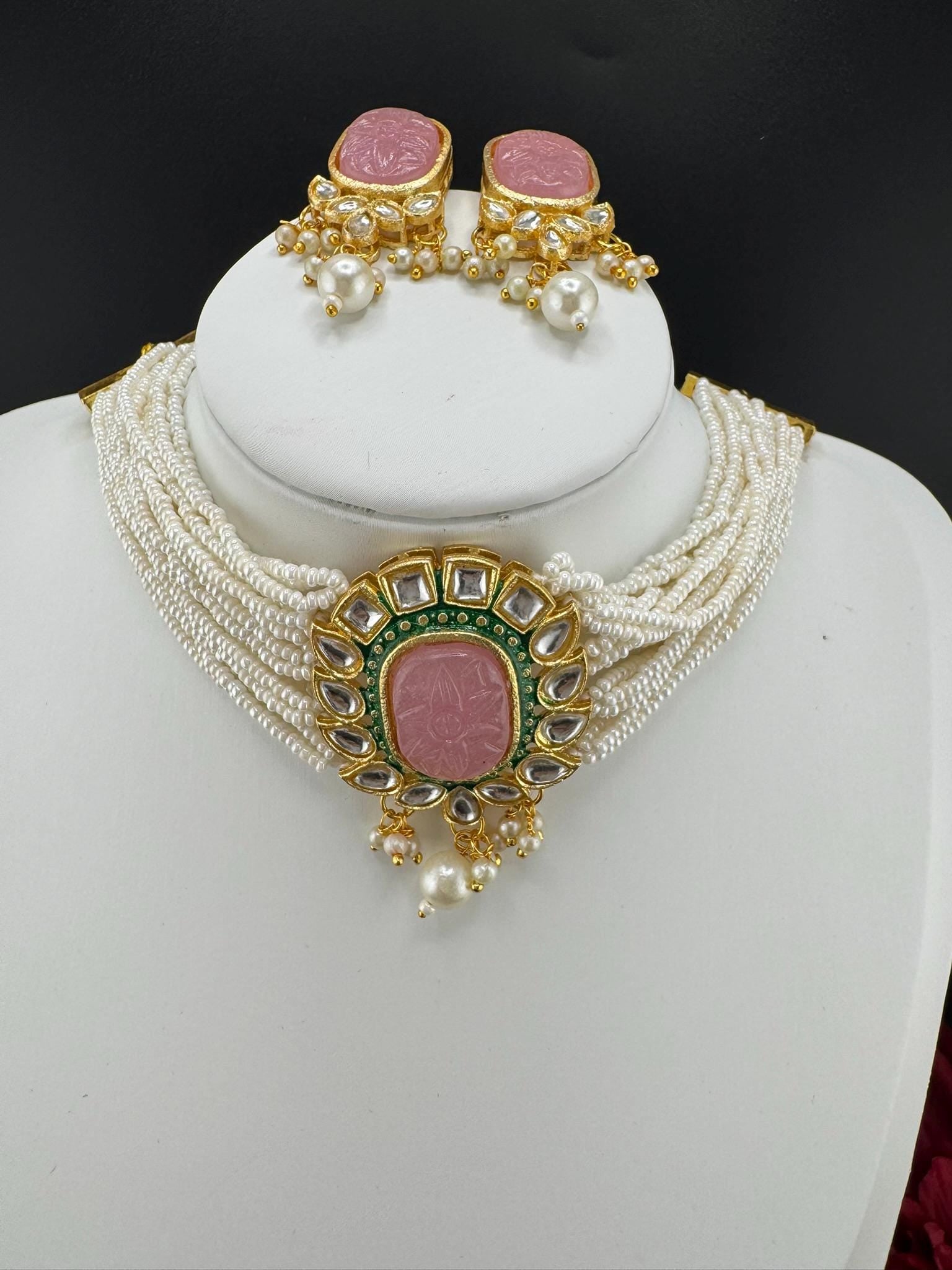 Pink Carved stone and Kundan in small pearls mala Choker Necklace set with studs earring/Indian jewelry/Everyday choker set/Bridesmaids gift