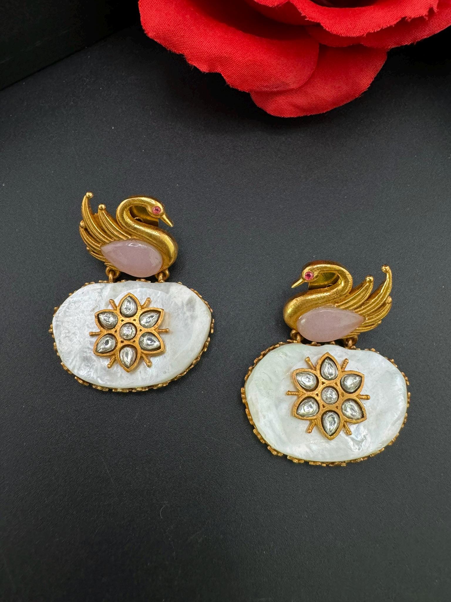 Premium Uncut kundan, Mother Of Pearls, Pink, Matt Gold swan details is Amrapali inspired designer earring/Indian earring/Bridal Jewelry