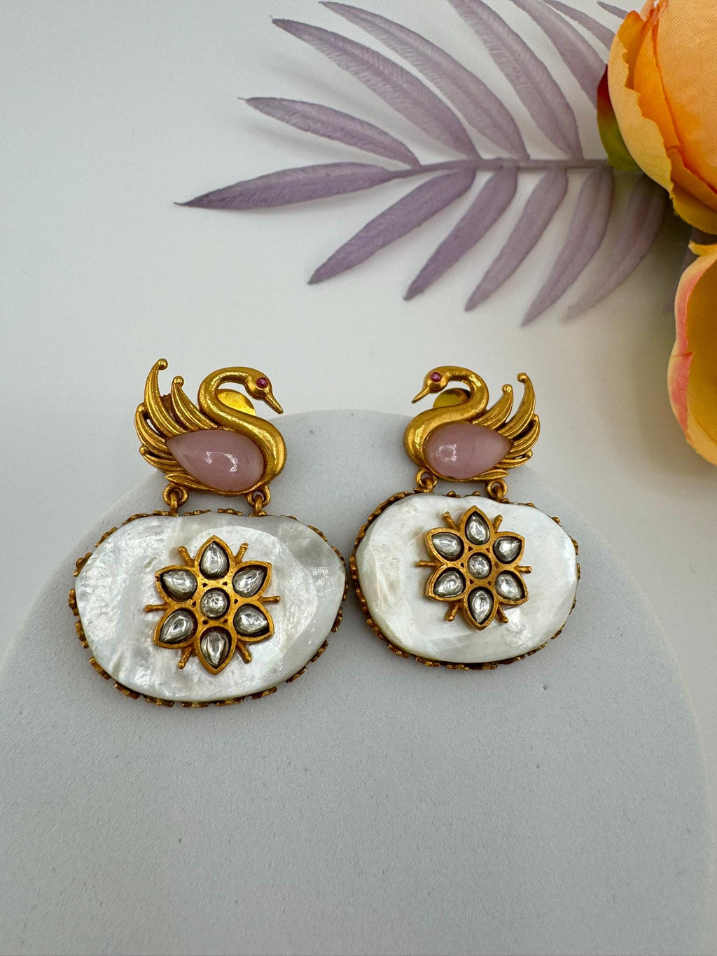 Premium Uncut kundan, Mother Of Pearls, Pink, Matt Gold swan details is Amrapali inspired designer earring/Indian earring/Bridal Jewelry