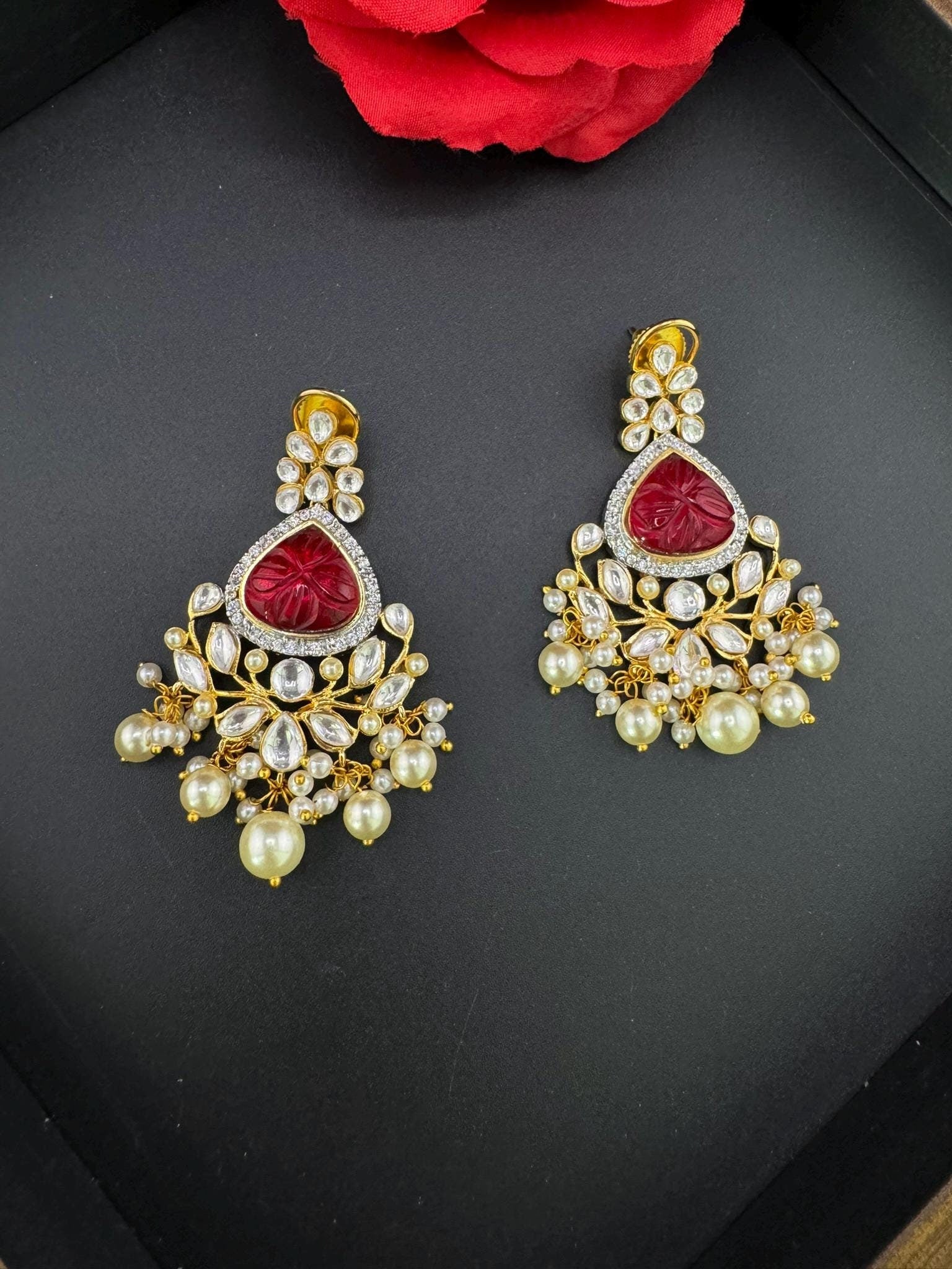 Premium Moissanite Kundan with Carved stones, CZ, Pearls designer Long Chandelier earrings