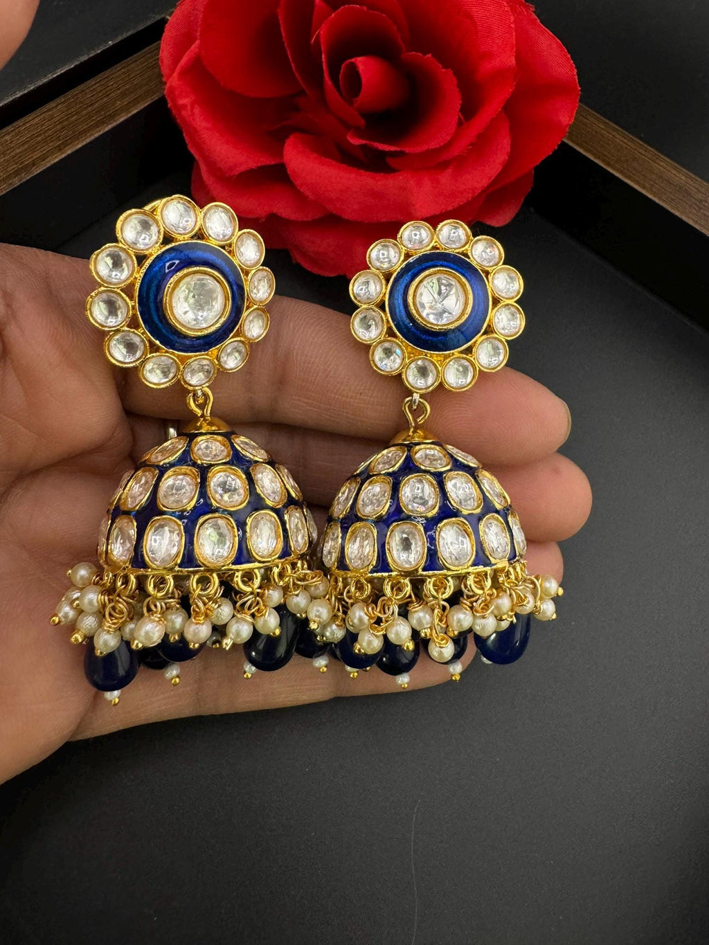 Premium Uncut Moissanite kundan, Tyaani kundan, Blue Enamel, Pearls is Tyaani inspired designer earring/Indian earring/Bridal Jewelry/Jhumka