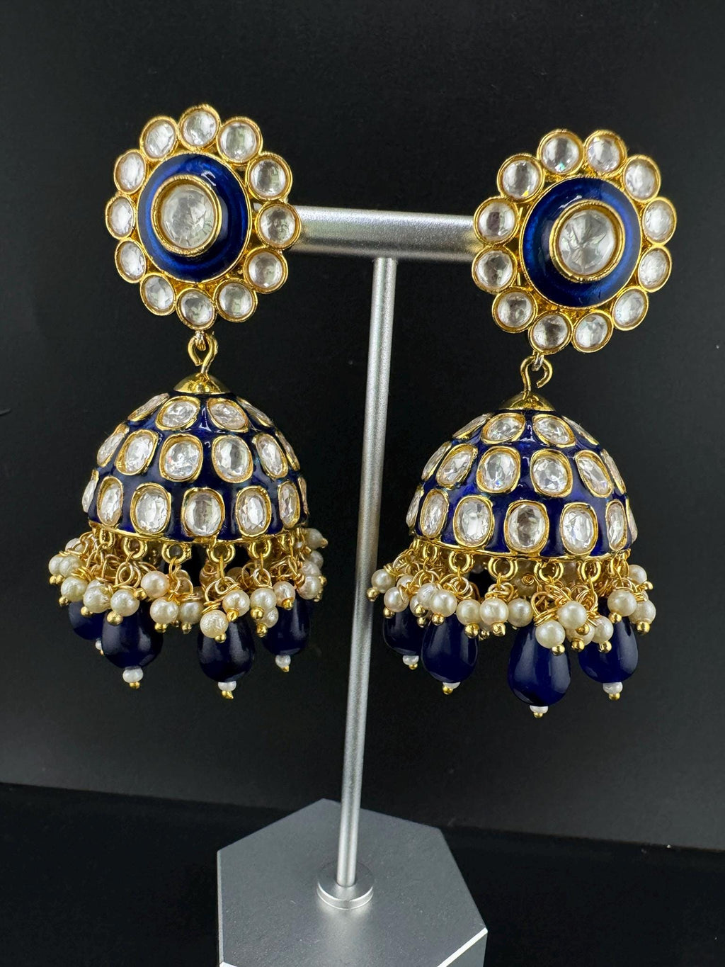 Premium Uncut Moissanite kundan, Tyaani kundan, Blue Enamel, Pearls is Tyaani inspired designer earring/Indian earring/Bridal Jewelry/Jhumka