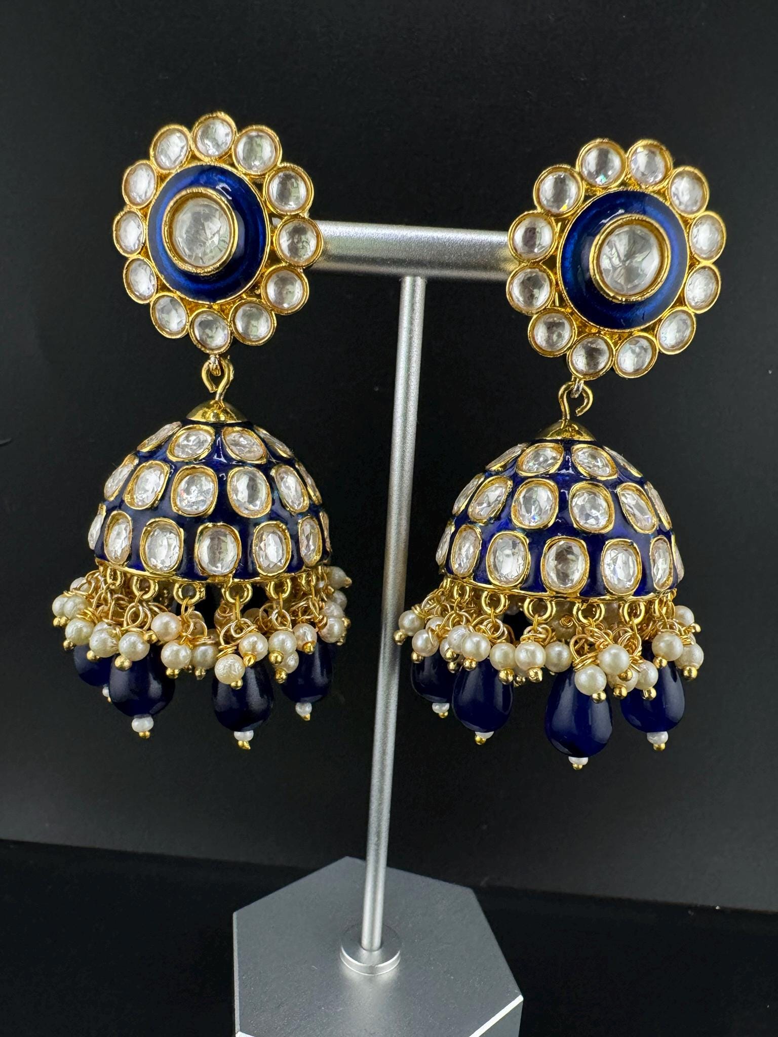 Premium Uncut Moissanite kundan, Tyaani kundan, Blue Enamel, Pearls is Tyaani inspired designer earring/Indian earring/Bridal Jewelry/Jhumka