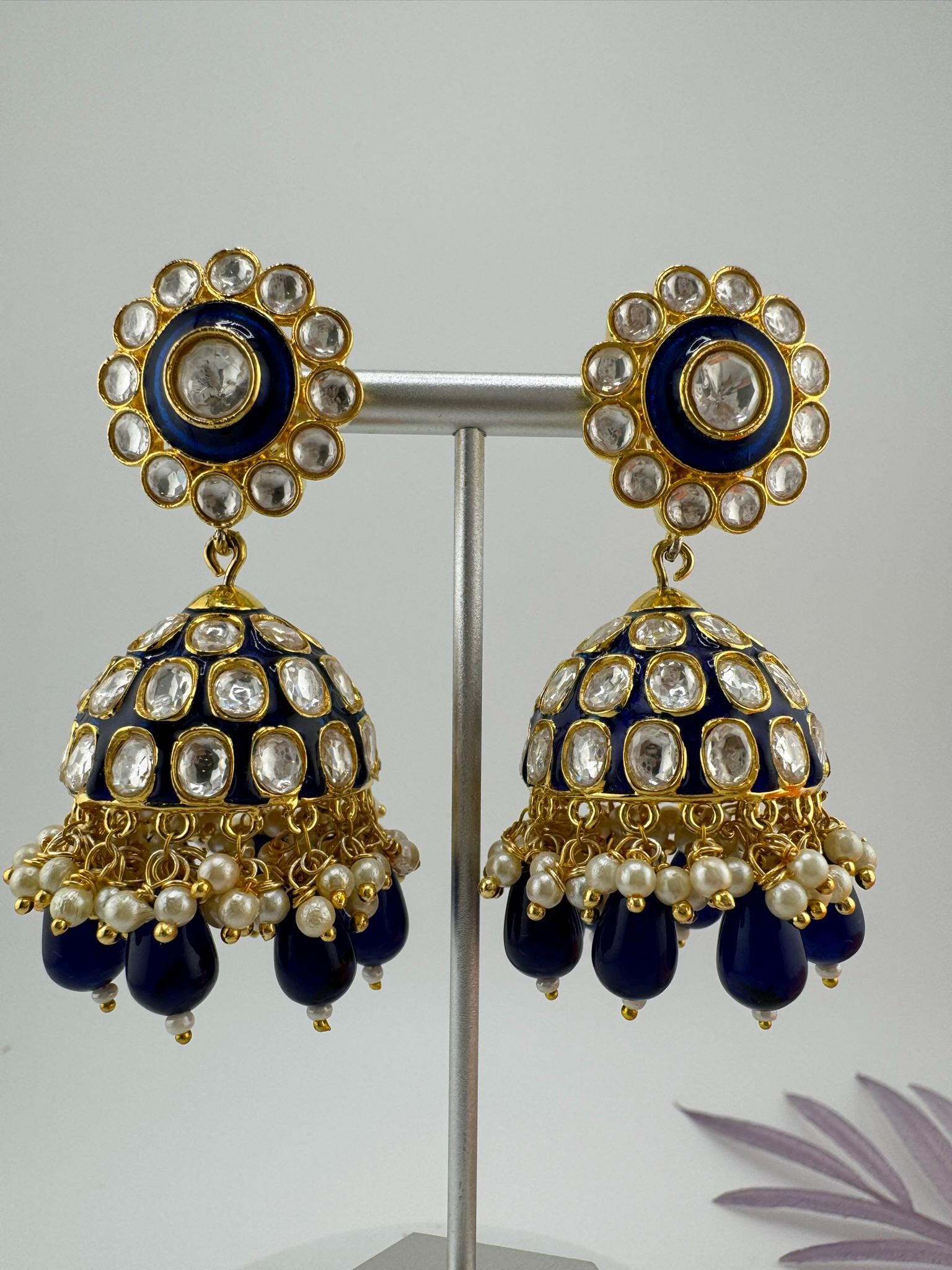 Premium Uncut Moissanite kundan, Tyaani kundan, Blue Enamel, Pearls is Tyaani inspired designer earring/Indian earring/Bridal Jewelry/Jhumka