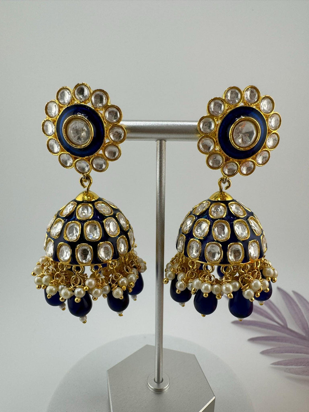 Premium Uncut Moissanite kundan, Tyaani kundan, Blue Enamel, Pearls is Tyaani inspired designer earring/Indian earring/Bridal Jewelry/Jhumka