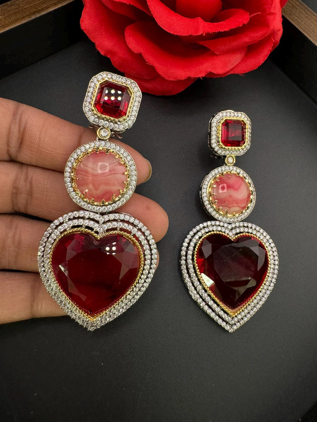 Premium Unique Heart long earrings in Glass stones, CZ details is Sabyasachi Inspired designer Long Statement earring/Bridal Jewelry/Love