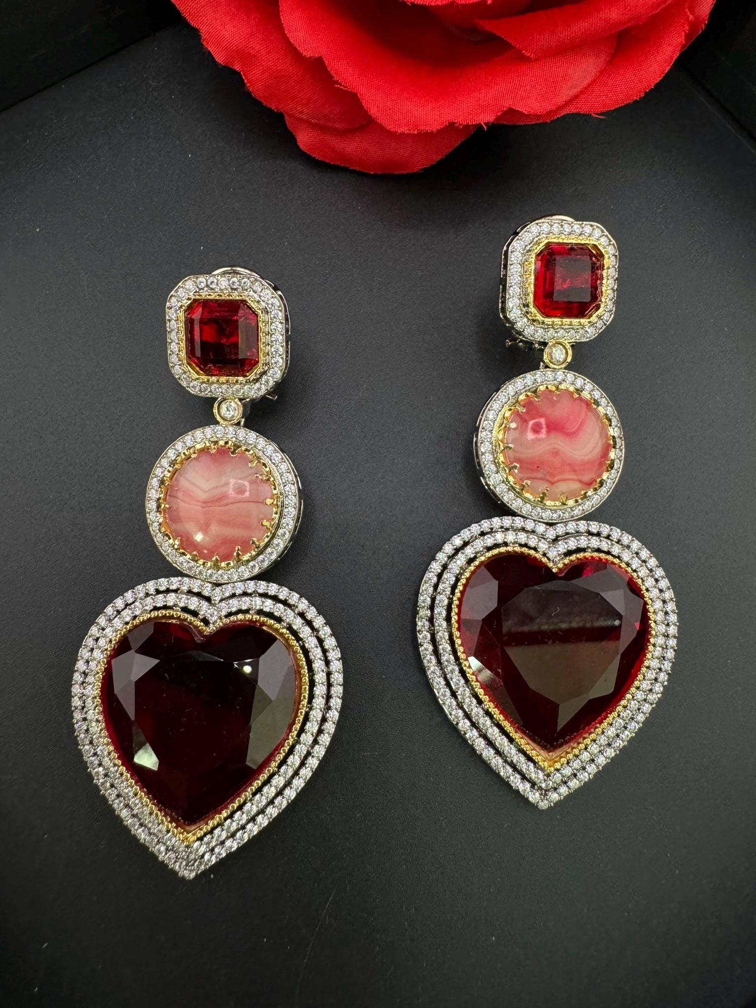 Premium Unique Heart long earrings in Glass stones, CZ details is Sabyasachi Inspired designer Long Statement earring/Bridal Jewelry/Love