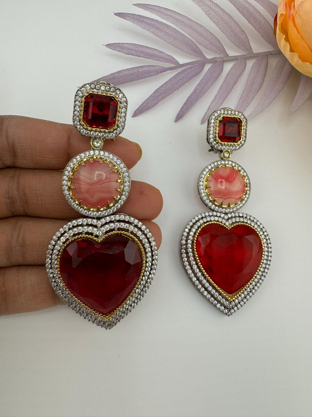 Premium Unique Heart long earrings in Glass stones, CZ details is Sabyasachi Inspired designer Long Statement earring/Bridal Jewelry/Love