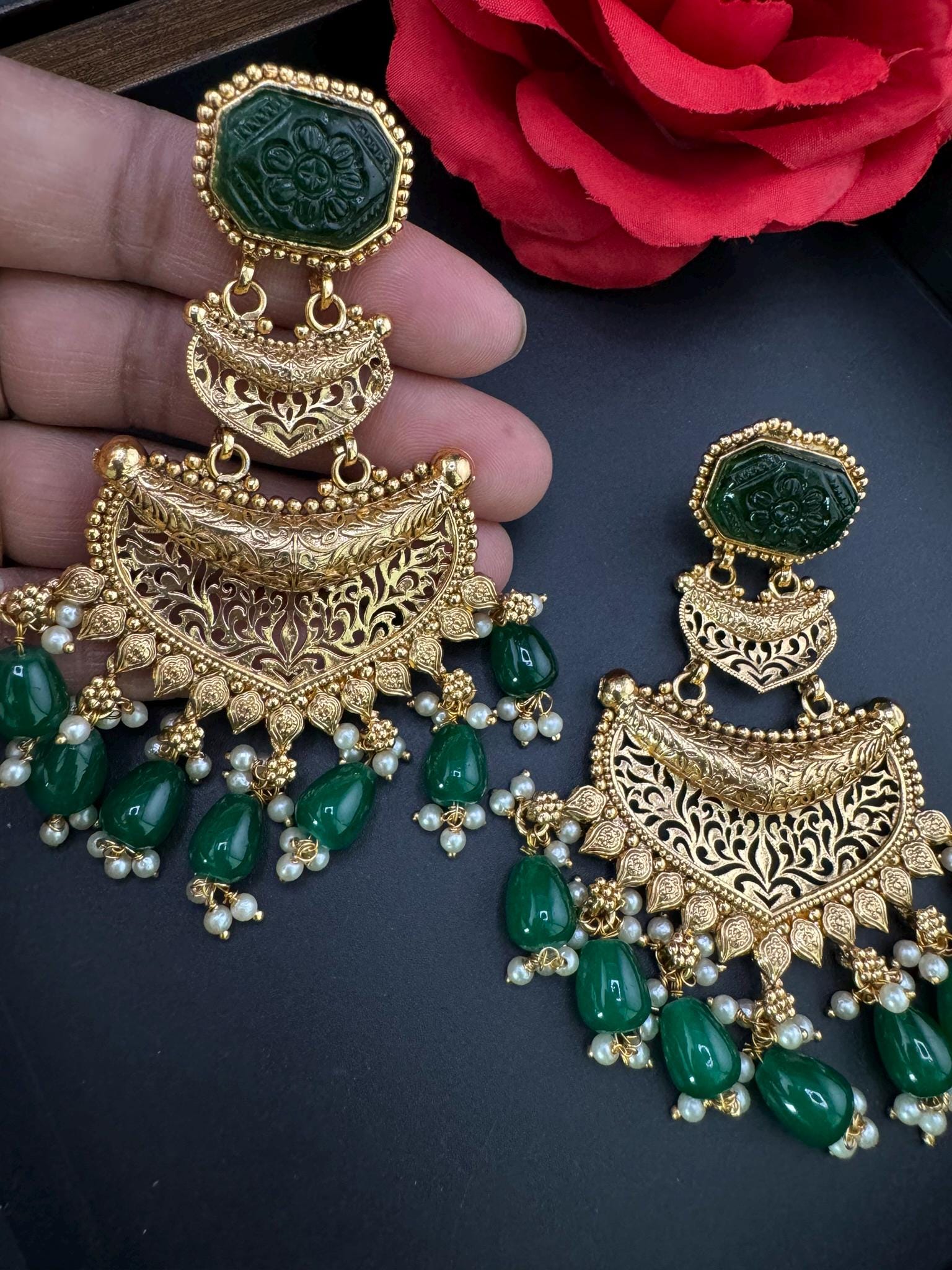 Premium Green Carved stone, Motifs in Gold and Pearls details is Amrapali inspired designer earring/Indian Statement earring/Bridal Jewelry