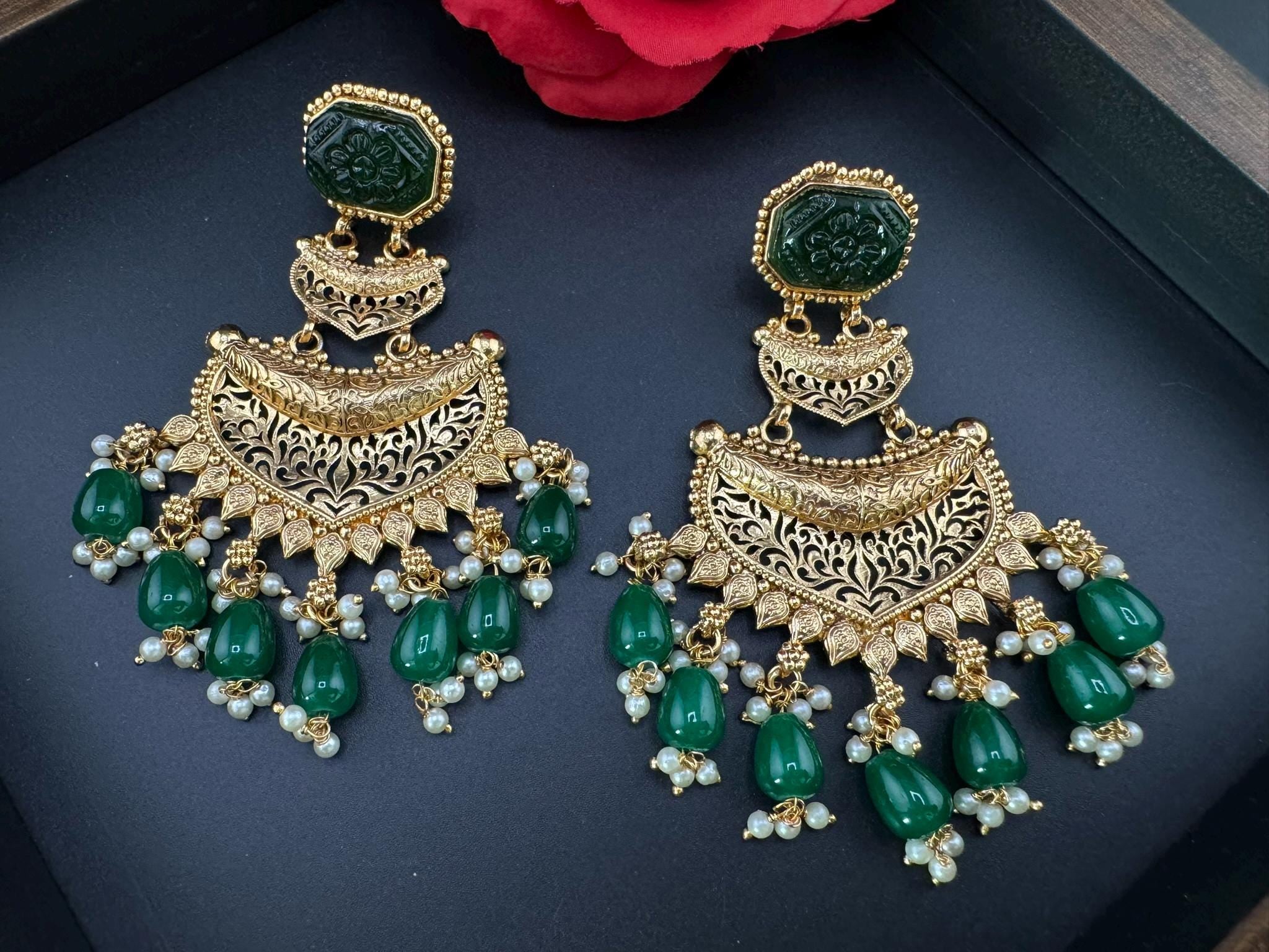 Premium Green Carved stone, Motifs in Gold and Pearls details is Amrapali inspired designer earring/Indian Statement earring/Bridal Jewelry