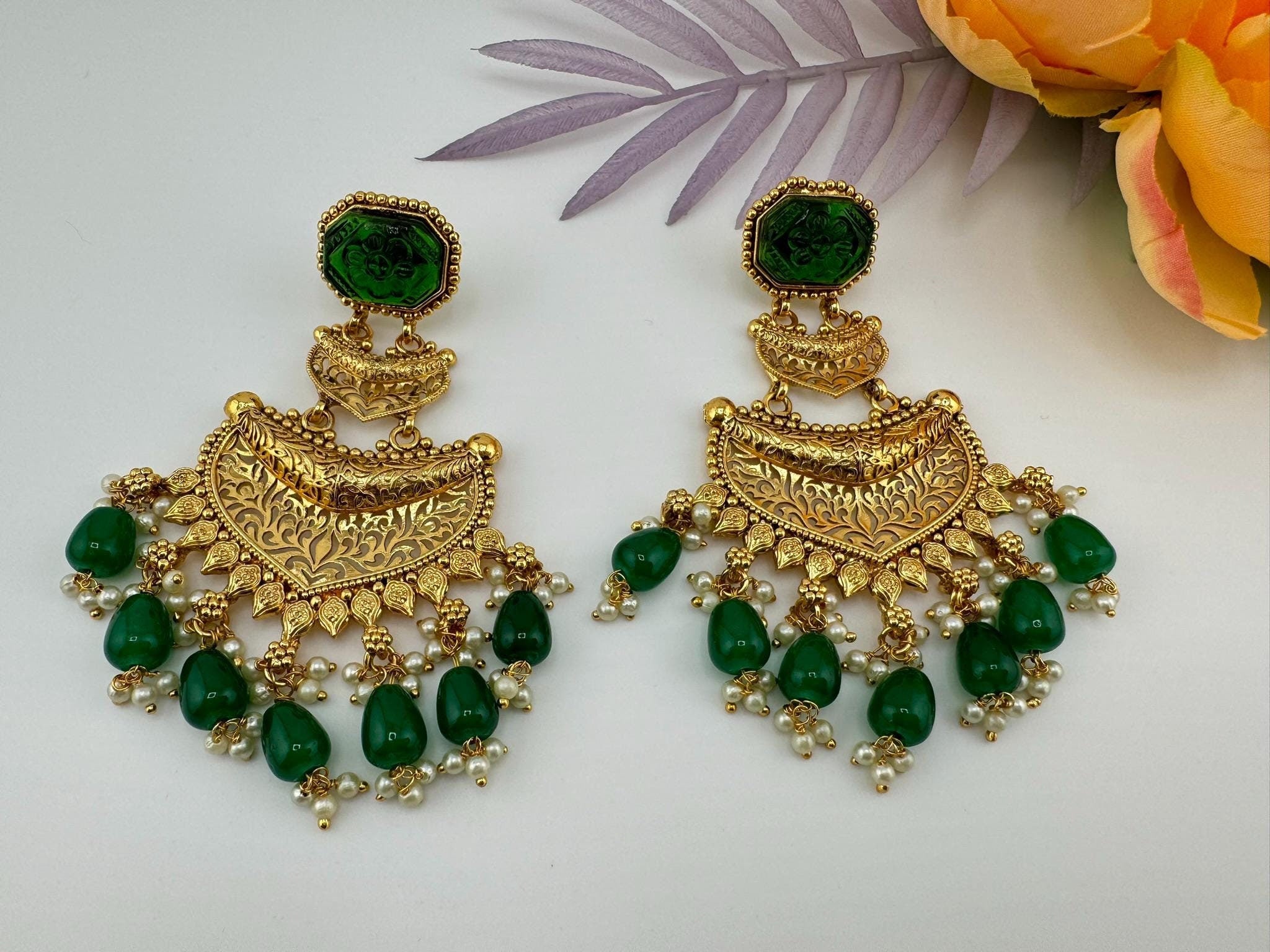 Premium Green Carved stone, Motifs in Gold and Pearls details is Amrapali inspired designer earring/Indian Statement earring/Bridal Jewelry