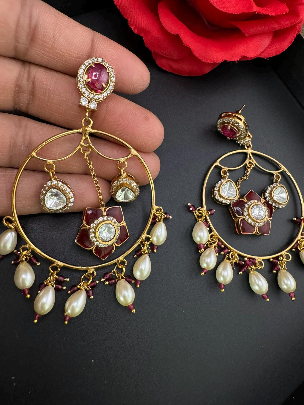 Premium Pachi Kundan Dangler with uncut kundan, Pearls hoop is Amrapali inspired designer earring/Indian Statement earring/Bridal Jewelry