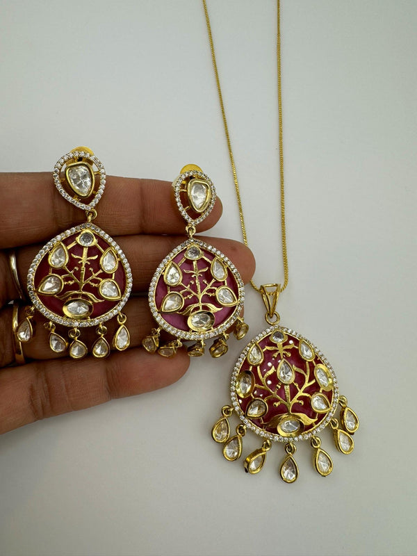 Tyaani Inspired Premium moissanite Kundan, CZ, MOP pendant set with Long dangling earrings/Indian jewelry/Premium Kundan/Bridesmaids gift