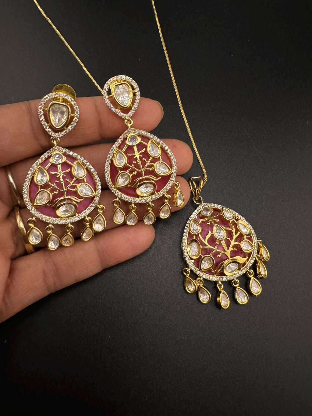 Tyaani Inspired Premium moissanite Kundan, CZ, MOP pendant set with Long dangling earrings/Indian jewelry/Premium Kundan/Bridesmaids gift