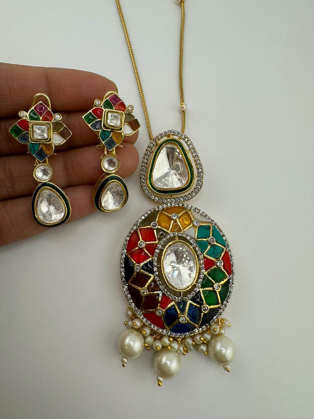 Premium Uncut moissanite Kundan, Enamel, MOP, CZ with long earrings is a Designer pendant set/Indian jewelry/Premium Kundan/Bridesmaid gift