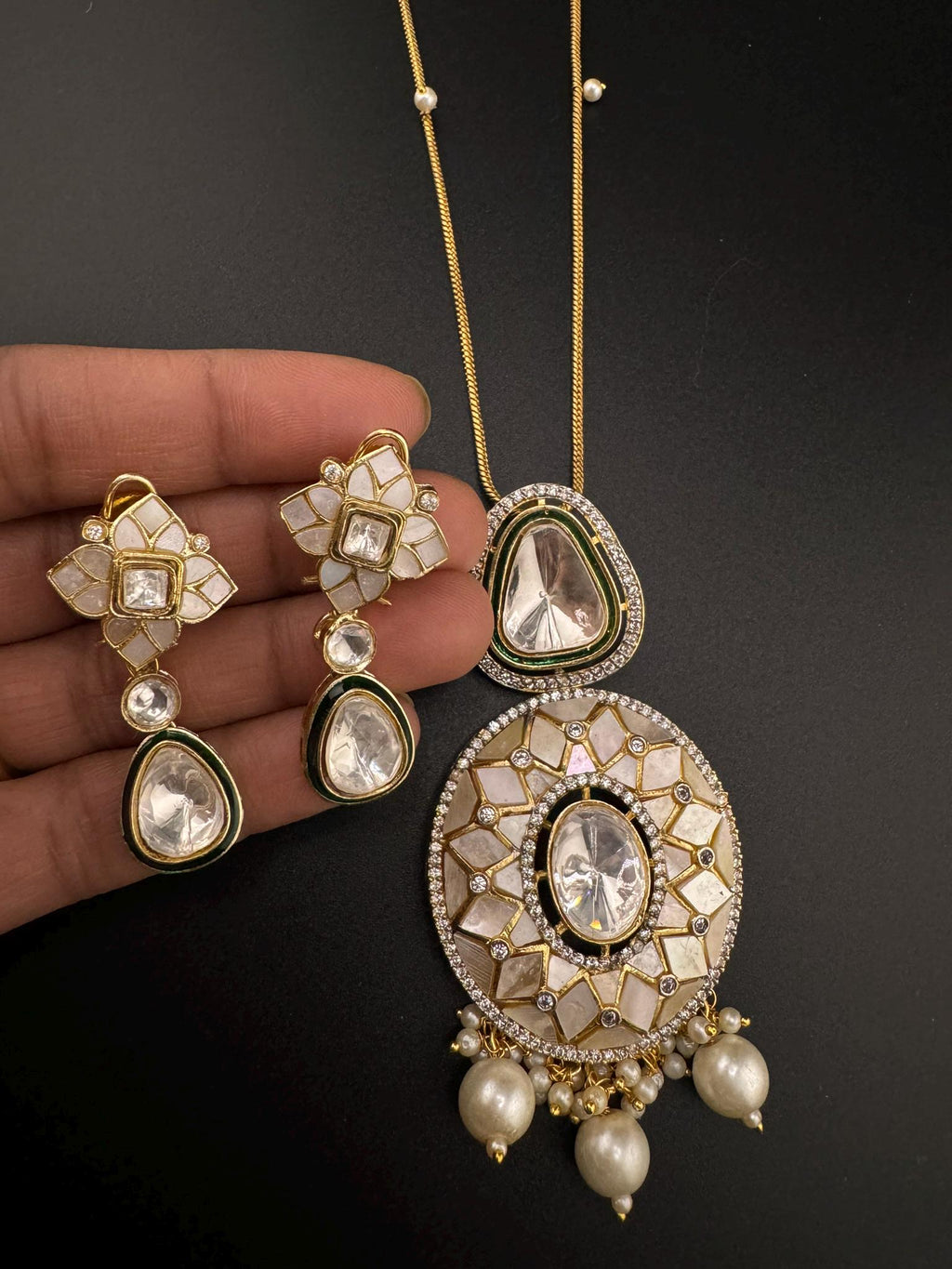 Premium Uncut moissanite Kundan, Enamel, MOP, CZ with long earrings is a Designer pendant set/Indian jewelry/Premium Kundan/Bridesmaid gift