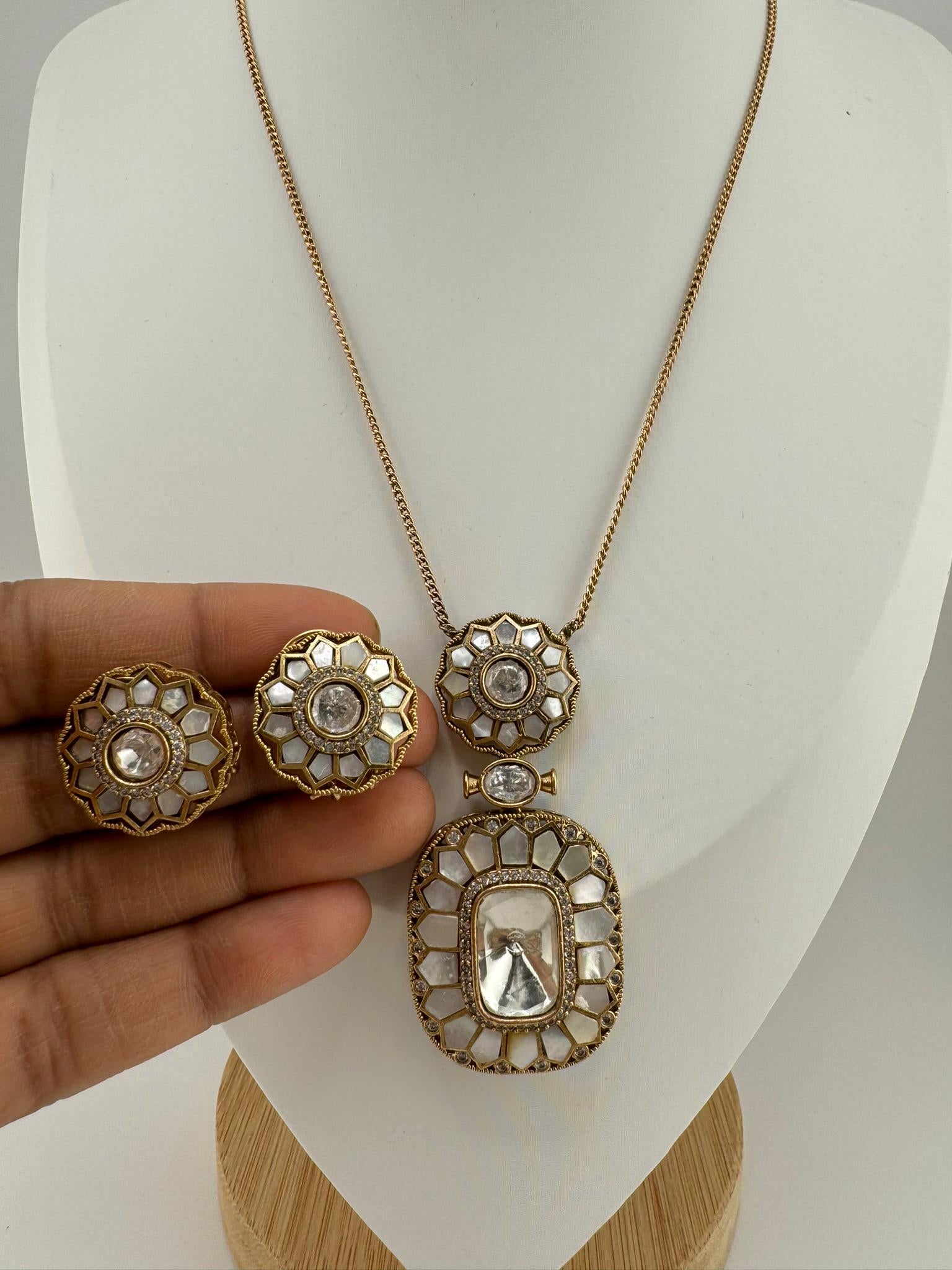 Premium Uncut moissanite, Pachi Kundan, MOP, CZ with Stud earrings is a Designer pendant set/Indian jewelry/Premium Kundan/Bridesmaid gift