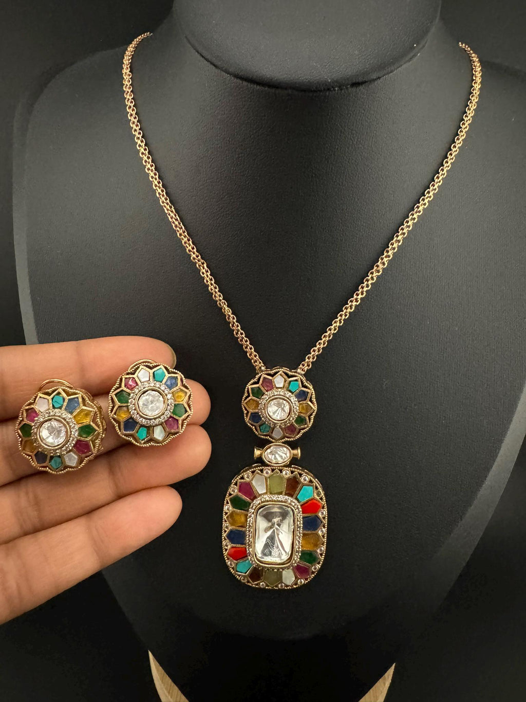 Premium Uncut moissanite, Pachi Kundan, MOP, CZ with Stud earrings is a Designer pendant set/Indian jewelry/Premium Kundan/Bridesmaid gift