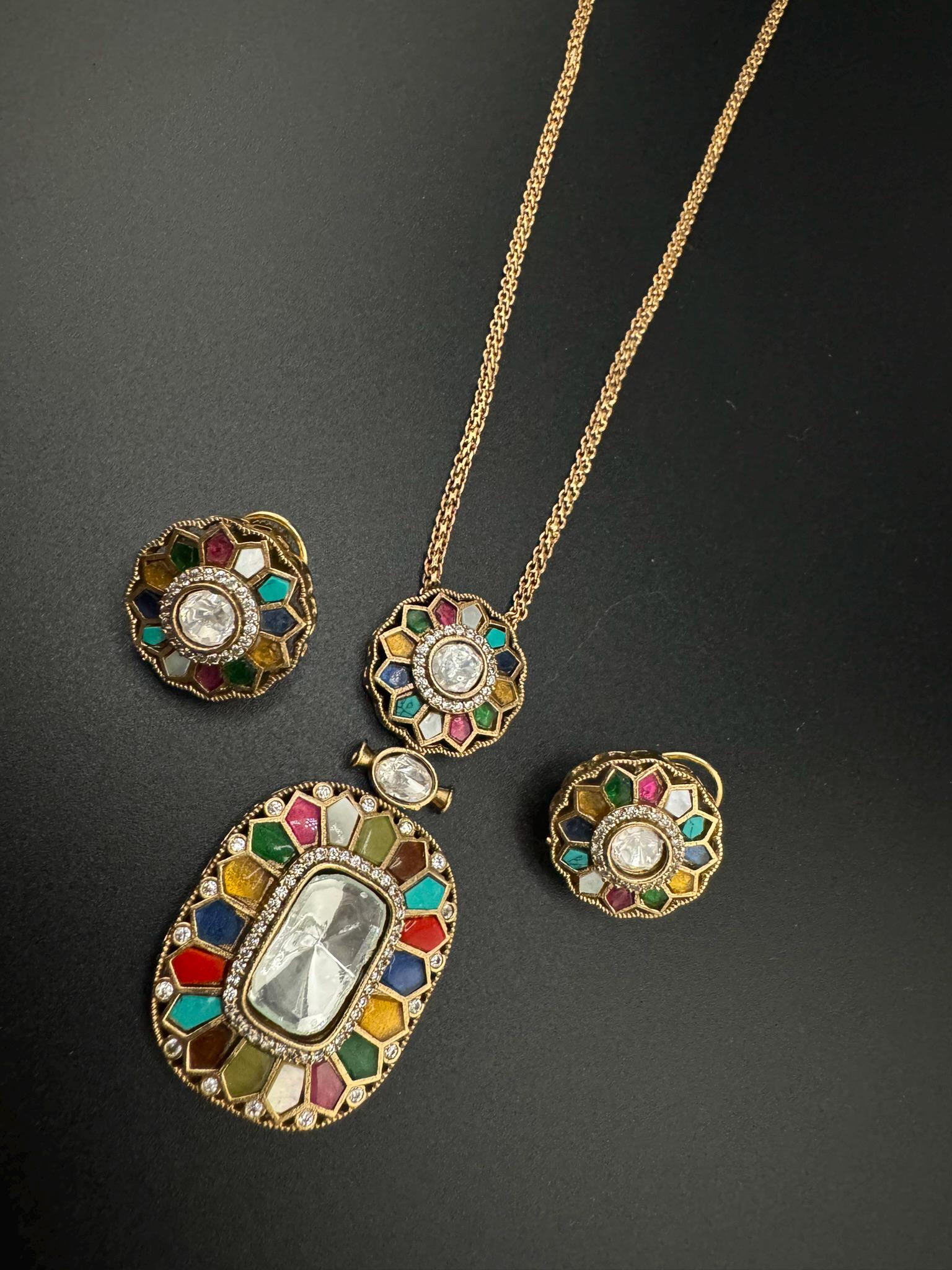 Premium Uncut moissanite, Pachi Kundan, MOP, CZ with Stud earrings is a Designer pendant set/Indian jewelry/Premium Kundan/Bridesmaid gift