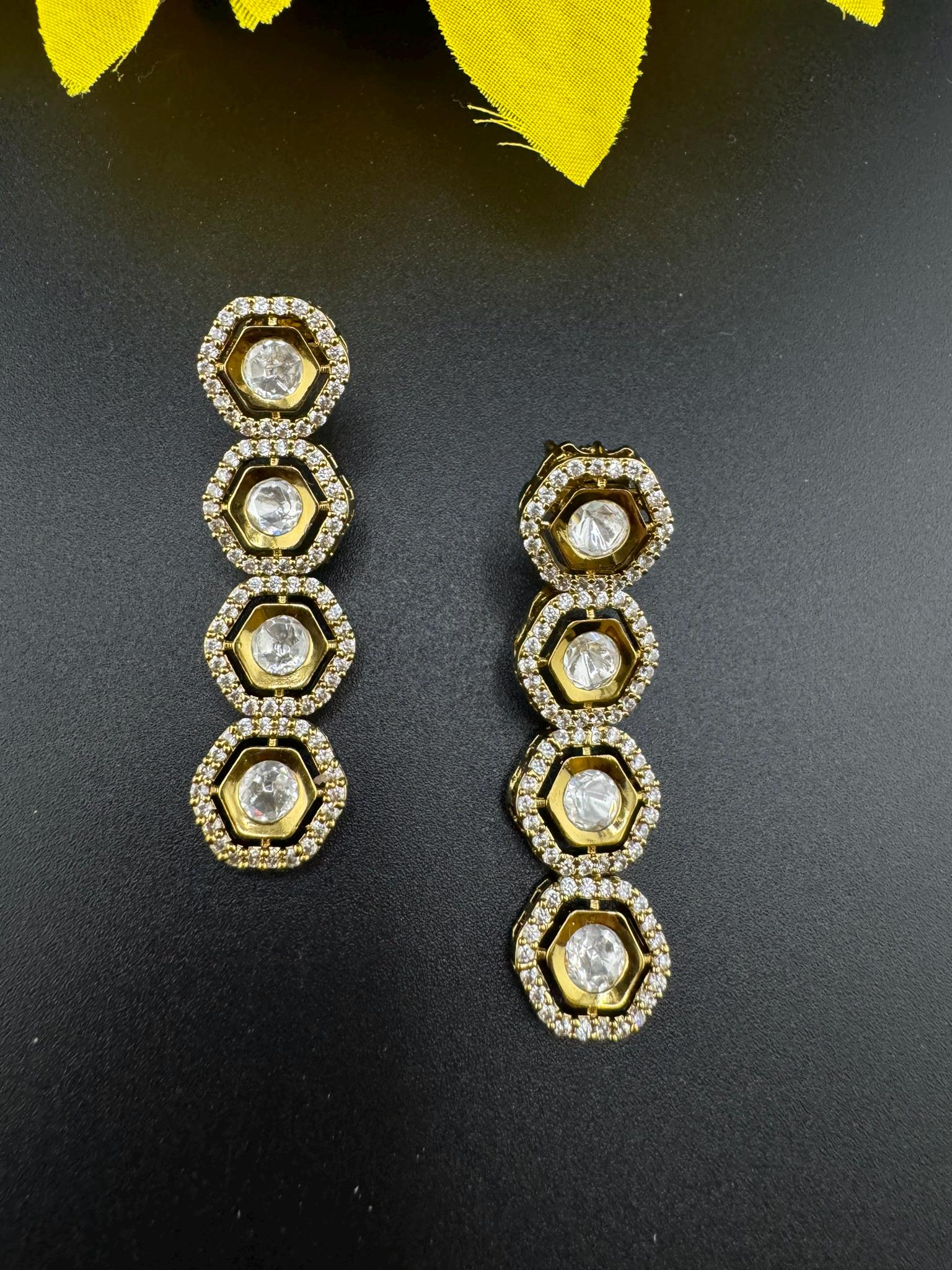 Premium High Quality Gold Polish Uncut Kundan, CZ details is Tyaani Inspired designer earrings/Chandelier earrings/Long Drop Earrings