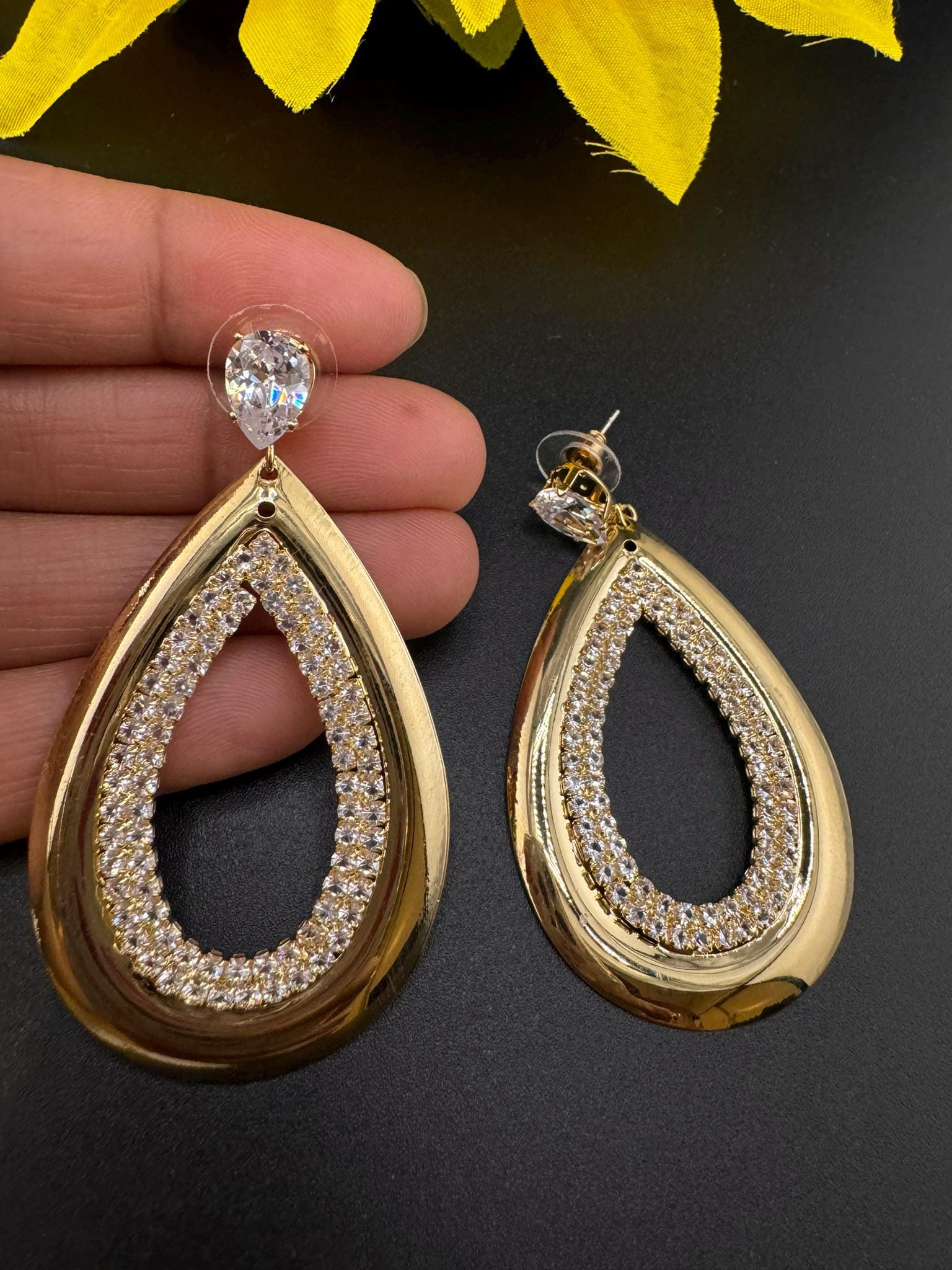 Shiny Gold and Cubic Zirconia earrings in unique sleek Oval design/Statement earrings/everyday jewelry/Indian Earrings/lightweight earrings