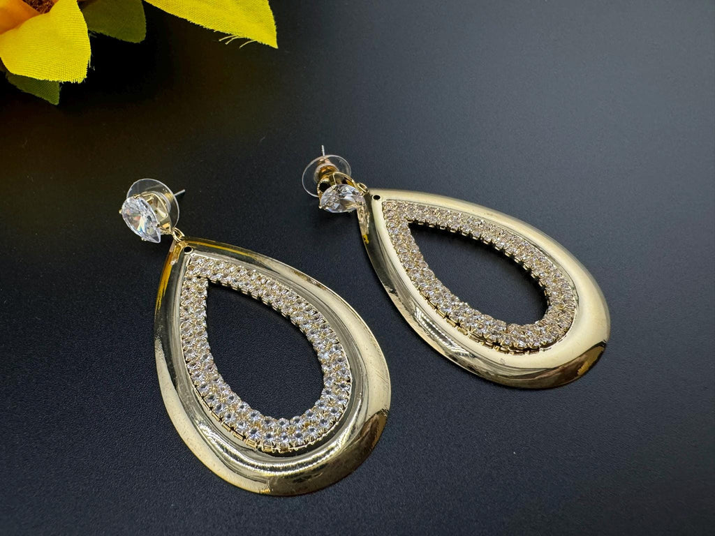 Shiny Gold and Cubic Zirconia earrings in unique sleek Oval design/Statement earrings/everyday jewelry/Indian Earrings/lightweight earrings