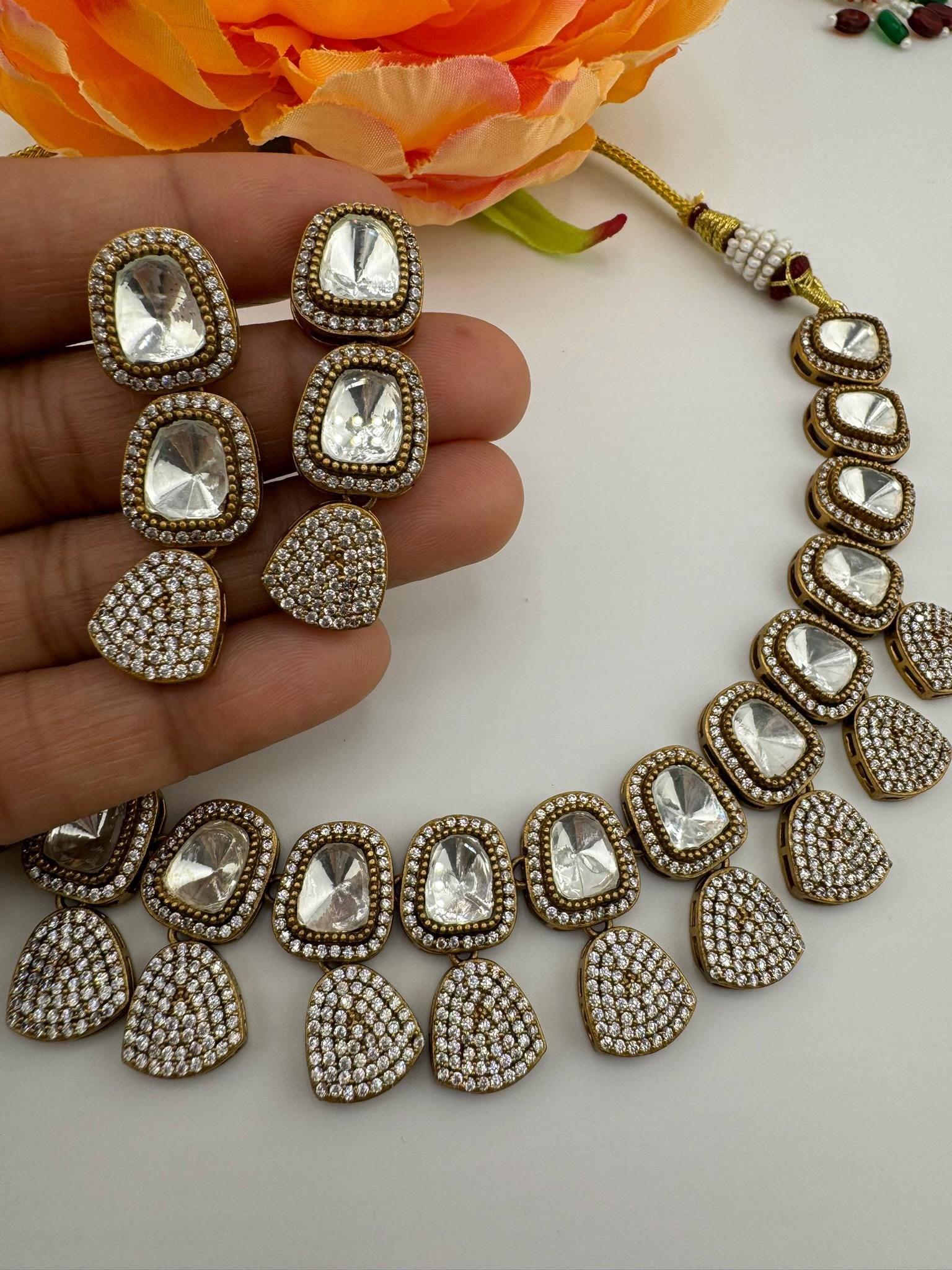 Premium Quality Moissanite uncut Kundan, AD/CZ Matt Gold Necklace with long earring/Indian jewelry/Necklace set/Bridesmaids gift/Victorian