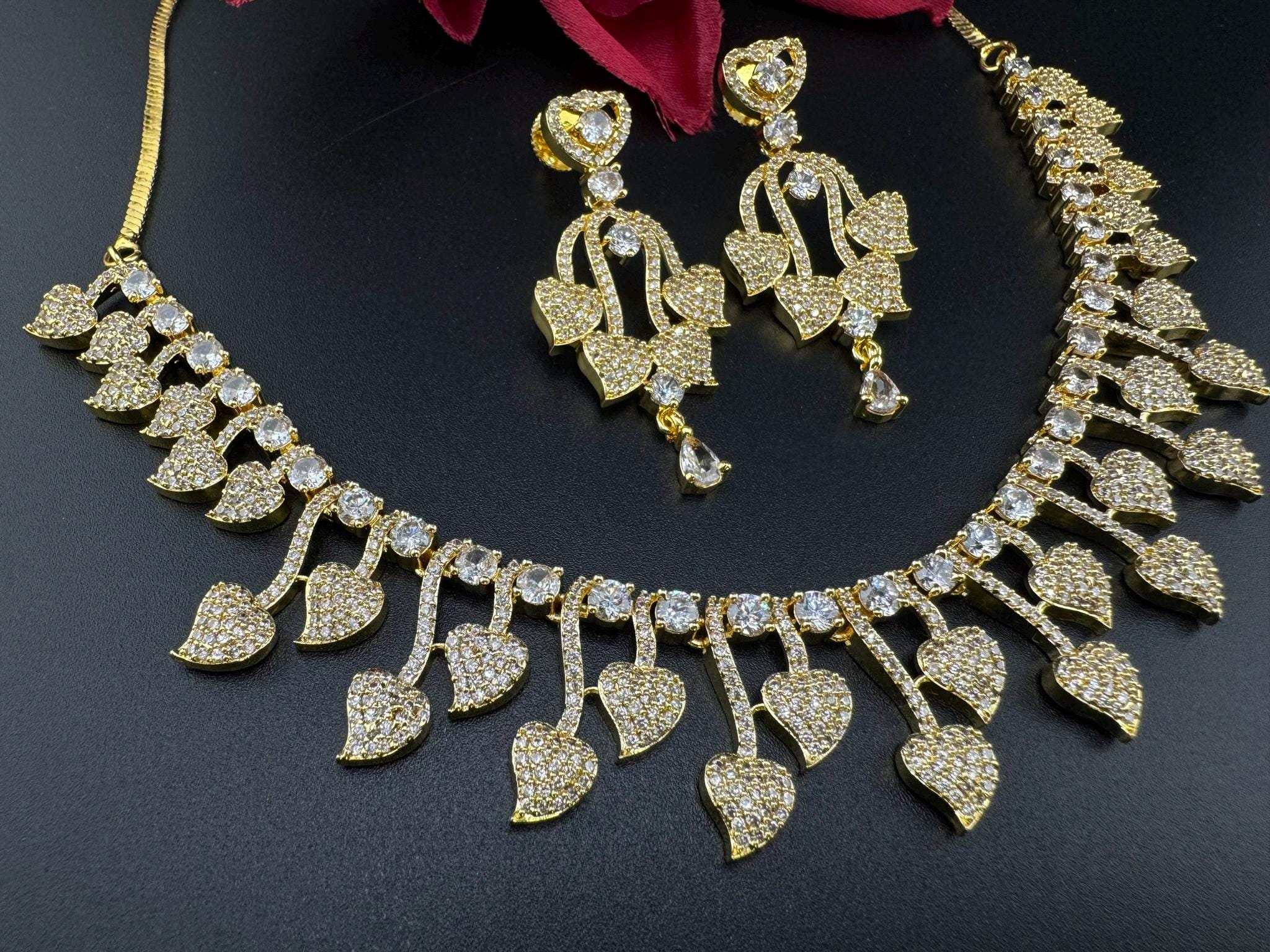 Premium Quality American Diamond/Cubic Zirconia Gold Necklace with long earring/Indian jewelry/Necklace set/Bridesmaids gift/Gold necklace