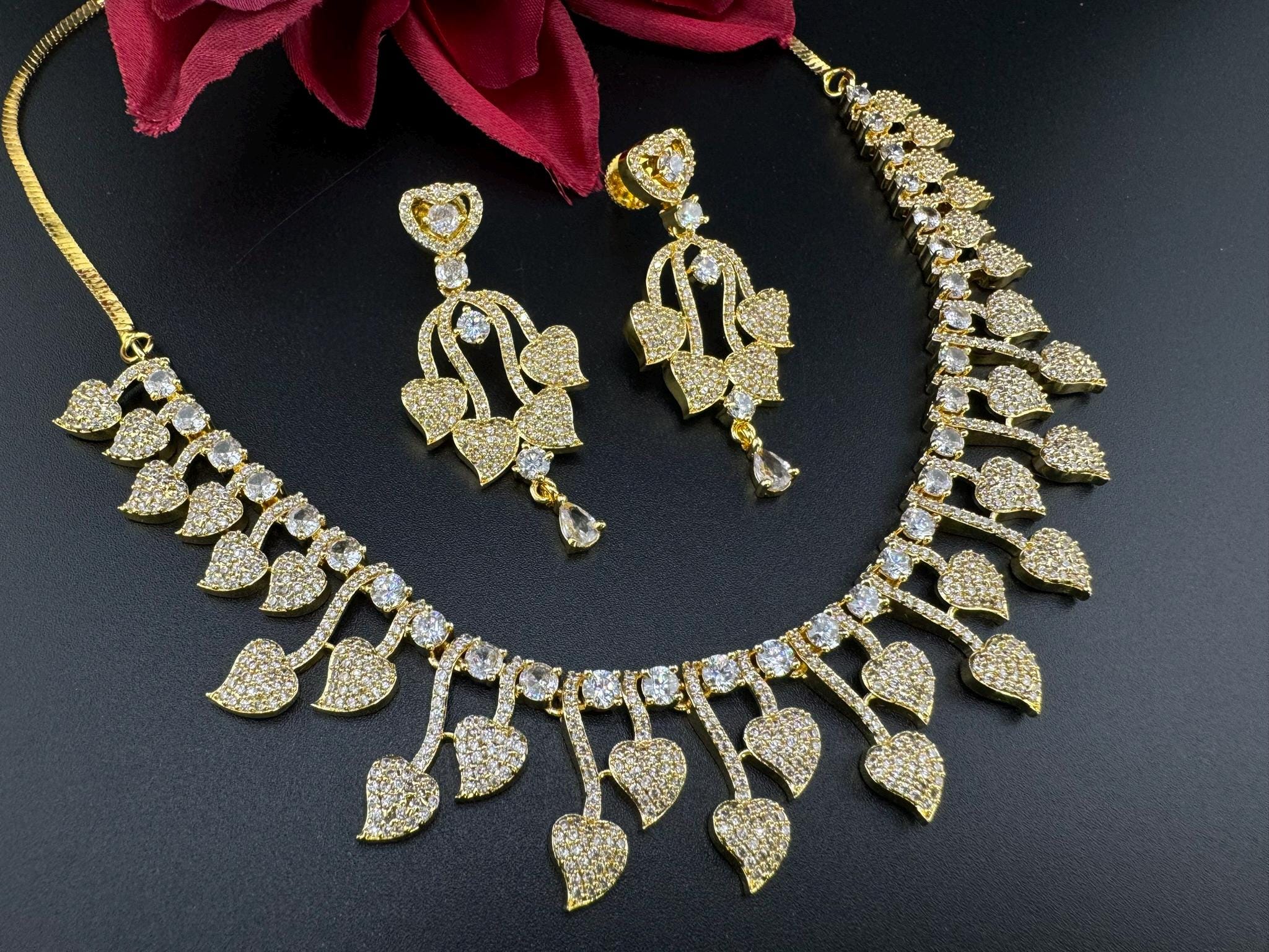 Premium Quality American Diamond/Cubic Zirconia Gold Necklace with long earring/Indian jewelry/Necklace set/Bridesmaids gift/Gold necklace