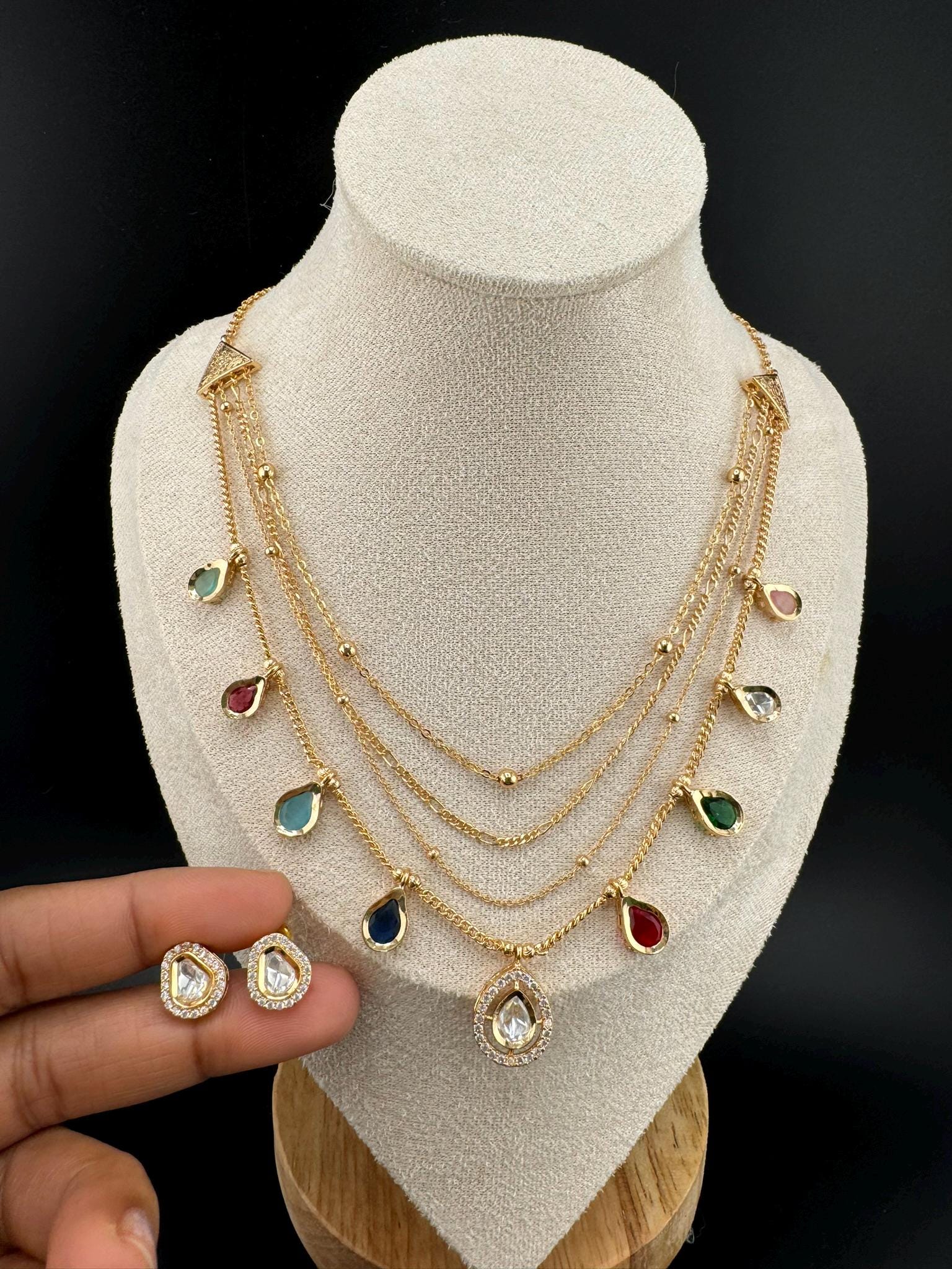 Premium Quality Multi Layer gold chains with Kundan flexible Necklace set with studs earring/Indian jewelry/Sleek Necklace set
