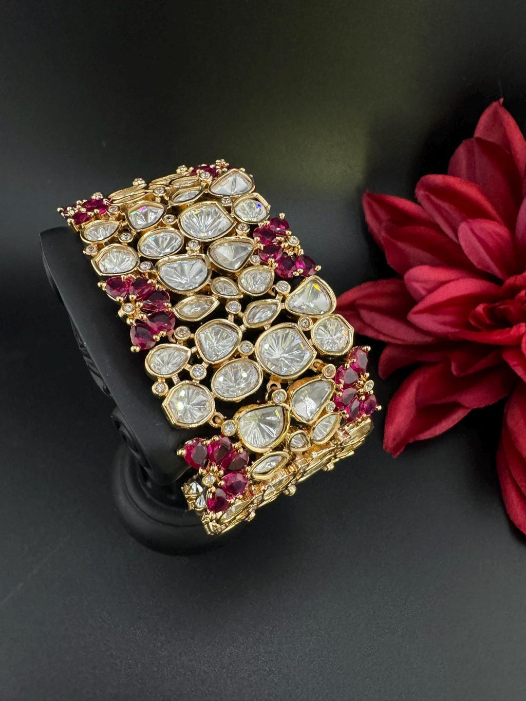 Premium Quality Moissanite Kundan, cubic zirconia is Designer inspired Bracelet/Adjustable broad Bracelet/Indian jewelry/Gold Ruby Bracelet