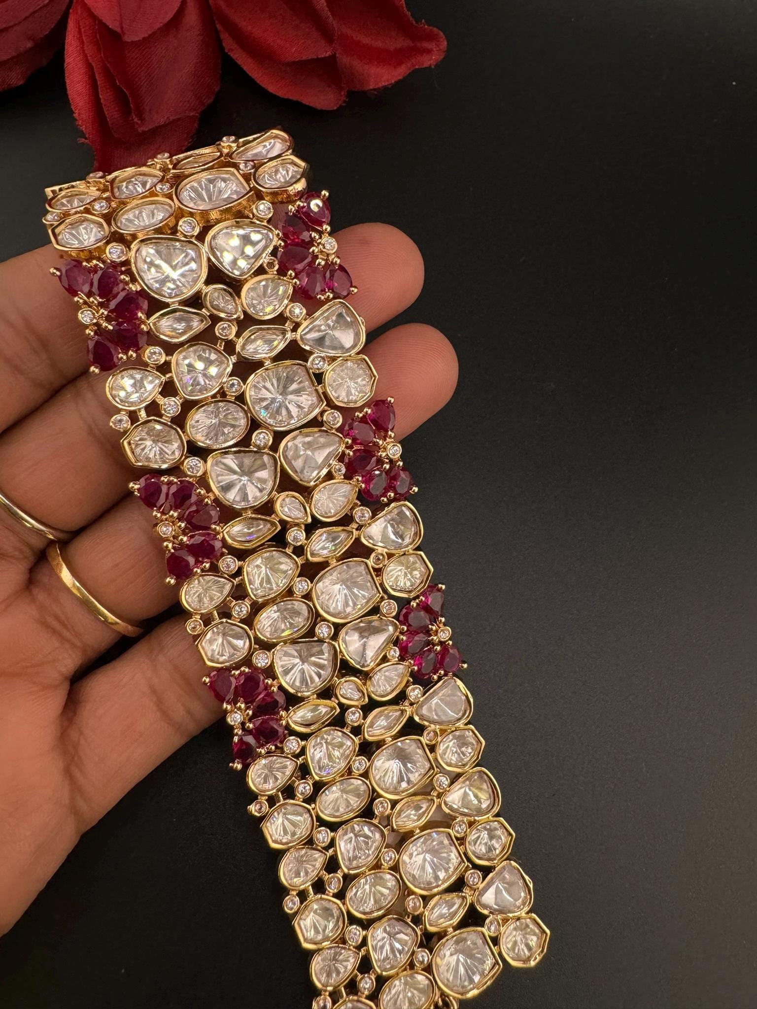 Premium Quality Moissanite Kundan, cubic zirconia is Designer inspired Bracelet/Adjustable broad Bracelet/Indian jewelry/Gold Ruby Bracelet