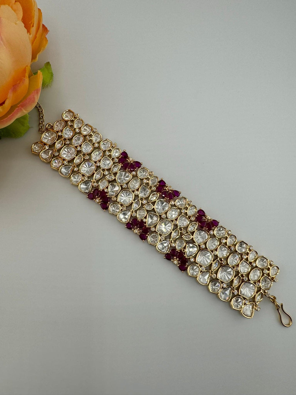 Premium Quality Moissanite Kundan, cubic zirconia is Designer inspired Bracelet/Adjustable broad Bracelet/Indian jewelry/Gold Ruby Bracelet