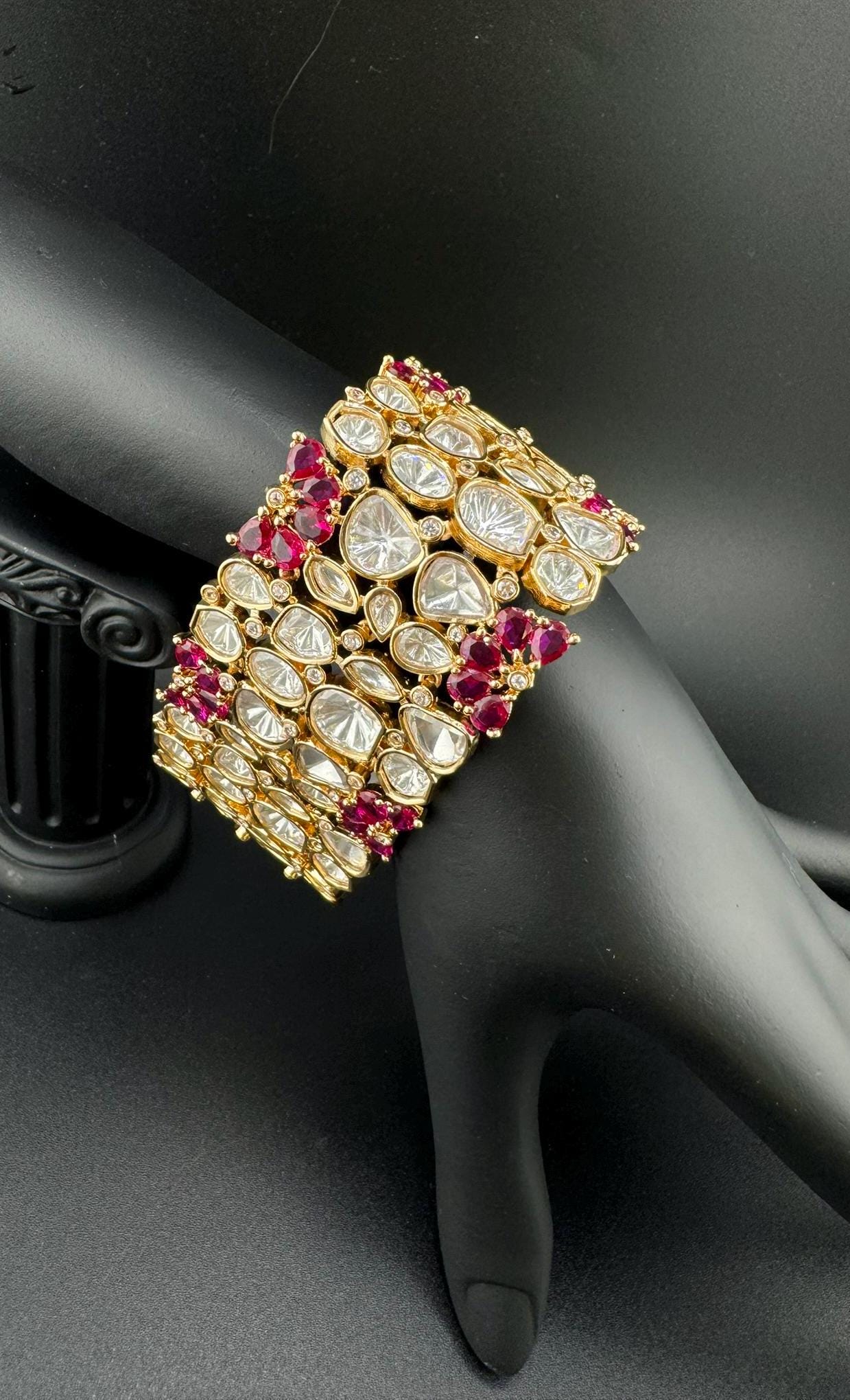 Premium Quality Moissanite Kundan, cubic zirconia is Designer inspired Bracelet/Adjustable broad Bracelet/Indian jewelry/Gold Ruby Bracelet