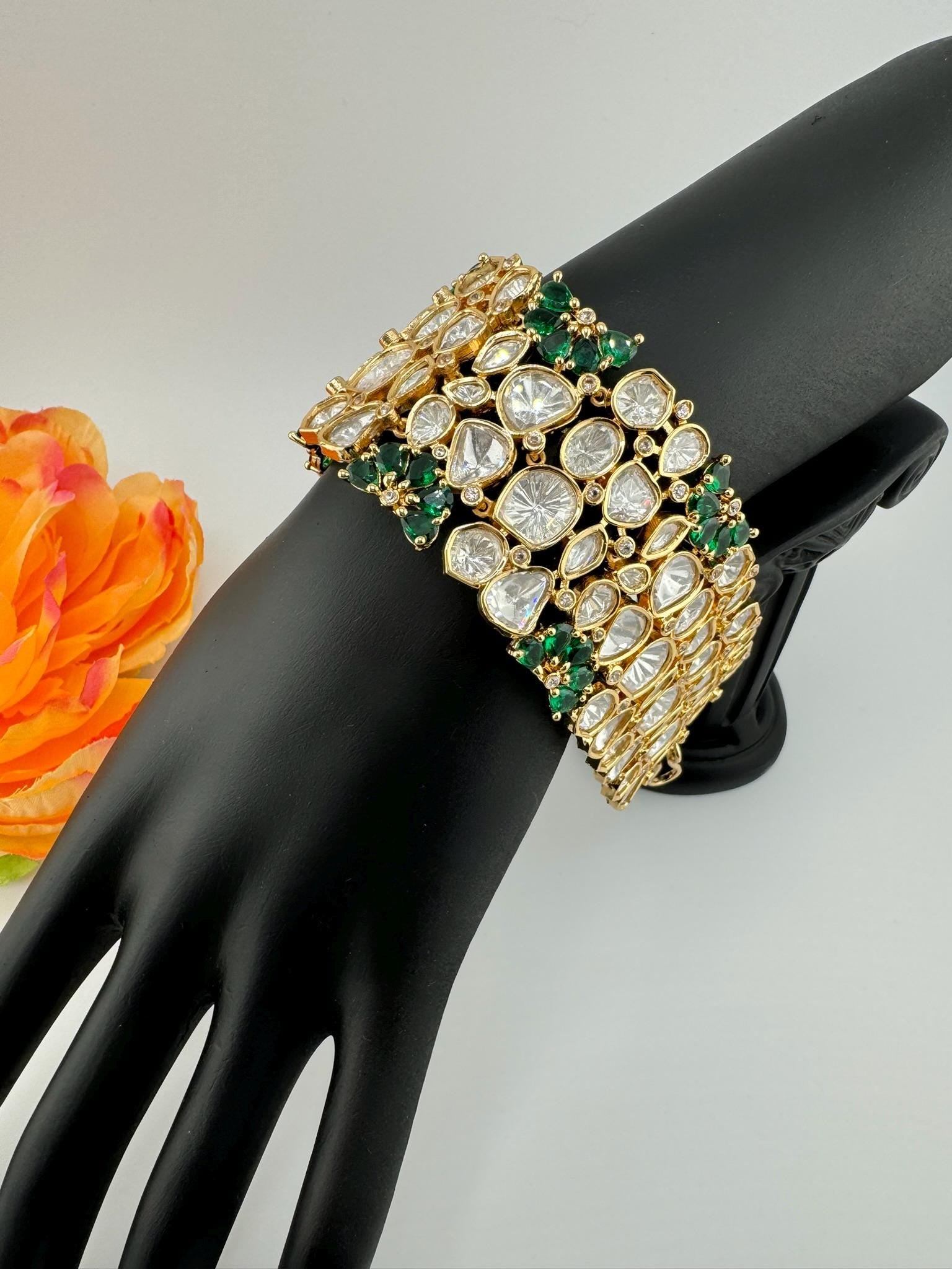 Premium Quality Moissanite Kundan, cubic zirconia is Designer inspired Bracelet/Adjustable broad Bracelet/Indian jewelry/Gold Green Bracelet