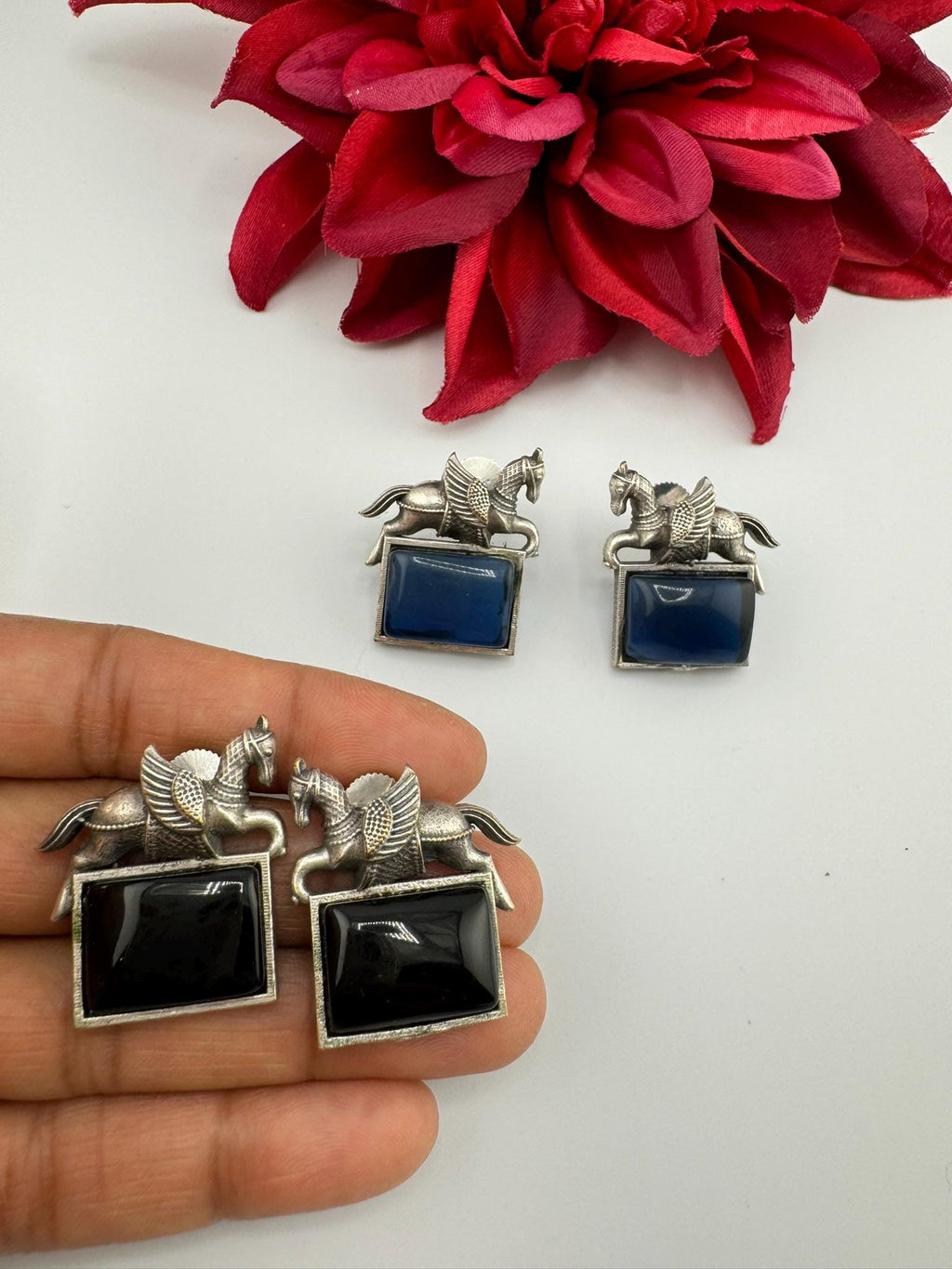 Oxidized German silver studs earrings with Horse details