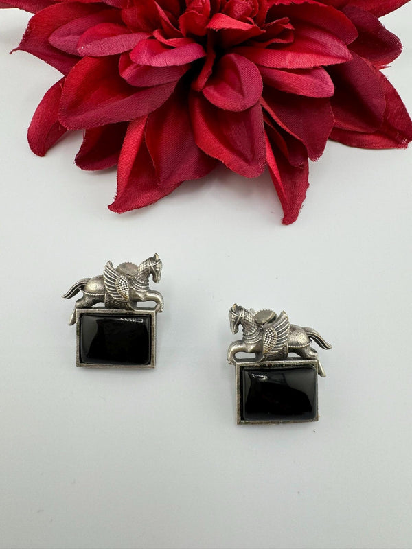 Oxidized German silver studs earrings with Horse details