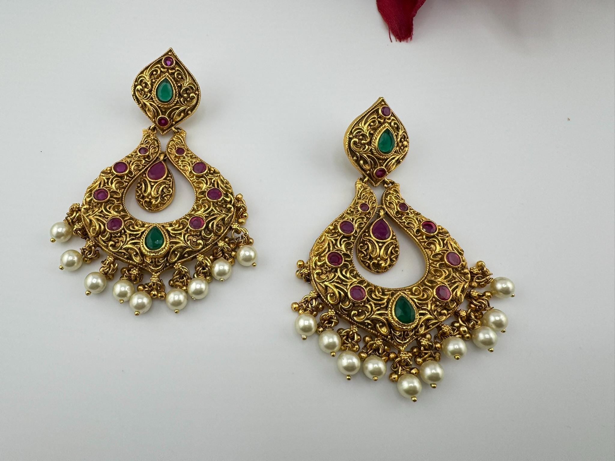 Amrapali inspired Premium Ruby and Green Pachi kundan Chand Bali in Matt Gold and Pearls designer Chandelier