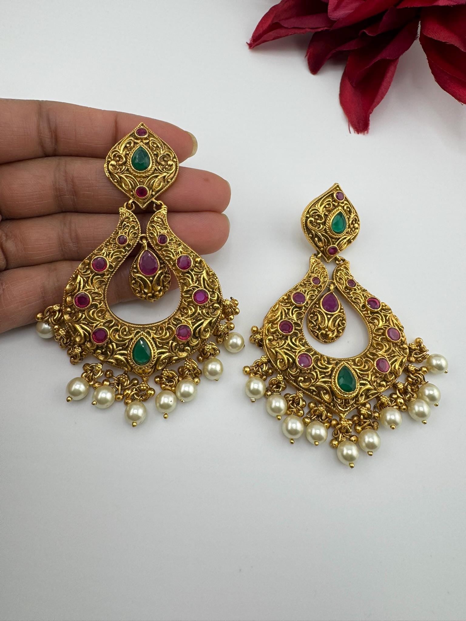 Amrapali inspired Premium Ruby and Green Pachi kundan Chand Bali in Matt Gold and Pearls designer Chandelier