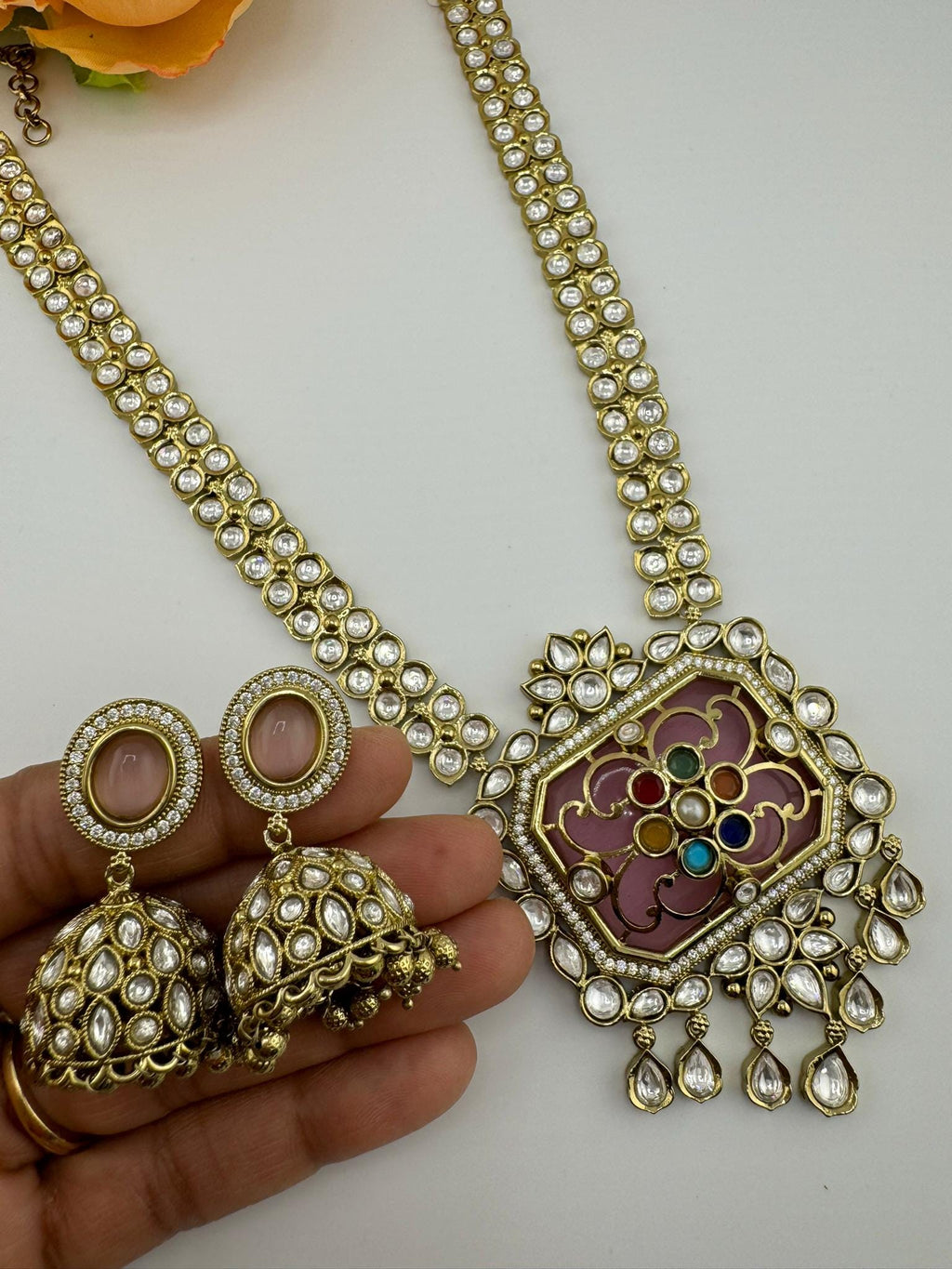 Premium Quality Moissanite Pachi Kundan Inlay work Rani Haar is Amrapali Inspired Designer set/long Necklace set with Jhumka earring/Bridal