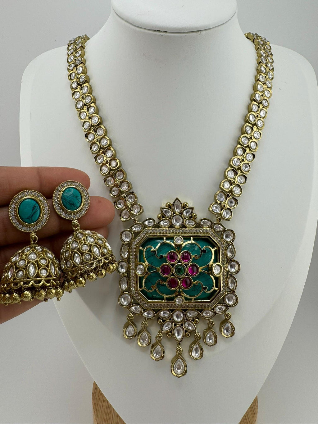 Turquoise Premium Quality Moissanite Pachi Kundan Inlay work Rani Haar is Amrapali Inspired Designer set/long Necklace with Jhumka earring