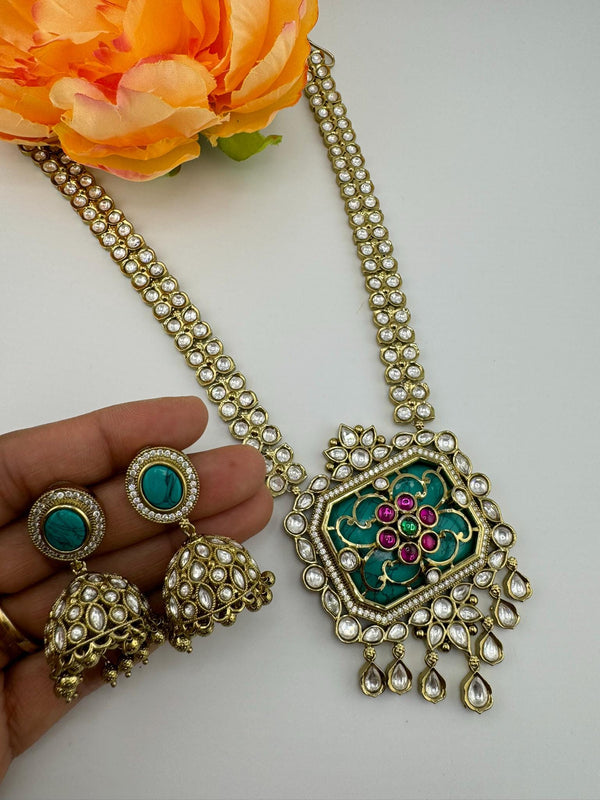 Turquoise Premium Quality Moissanite Pachi Kundan Inlay work Rani Haar is Amrapali Inspired Designer set/long Necklace with Jhumka earring