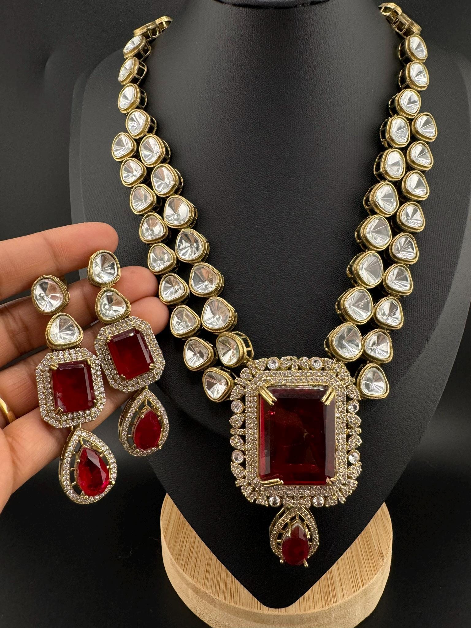 Dark Red Premium Quality Moissanite Uncut Kundan, Doublet stone 2 layer Rani Haar is Designer long necklace/long Necklace with long earring